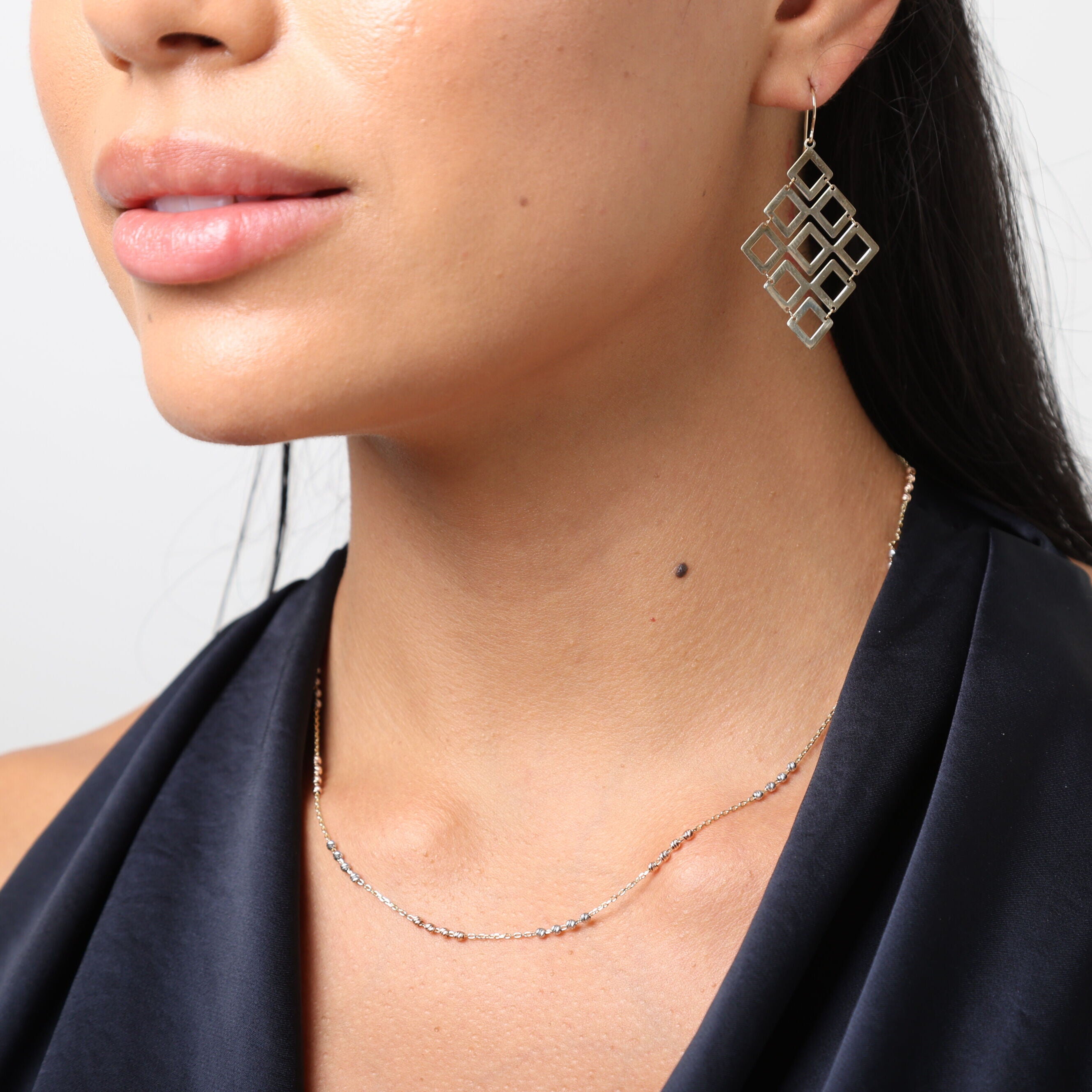 14K Tricolor Gold Dainty Bead Station Necklace: 17"