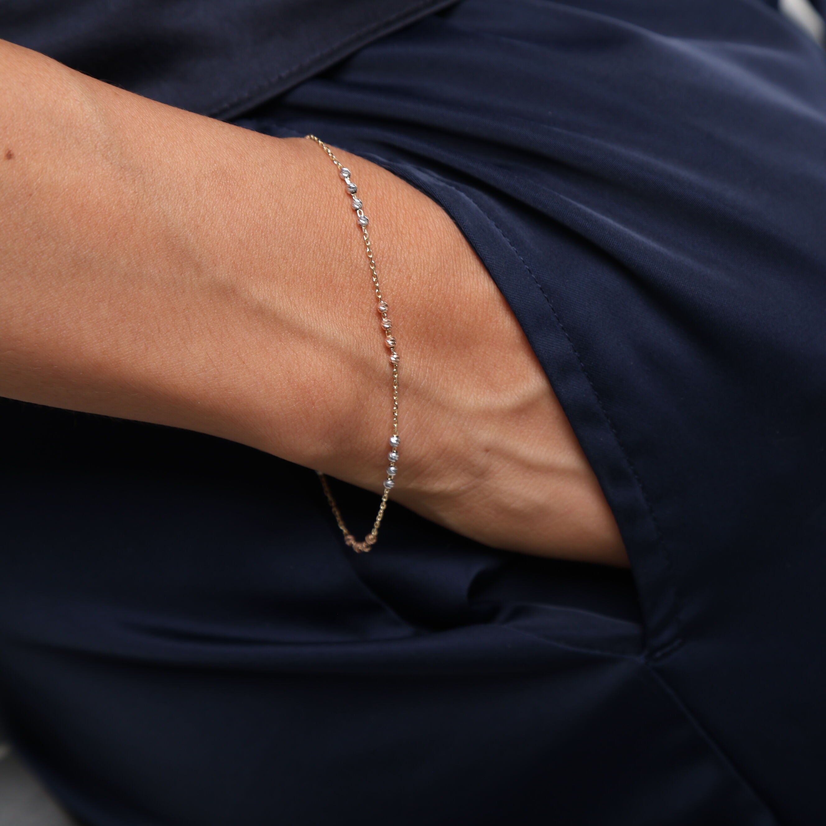 14K Tricolor Gold Dainty Bead Station Bracelet, 7.25"