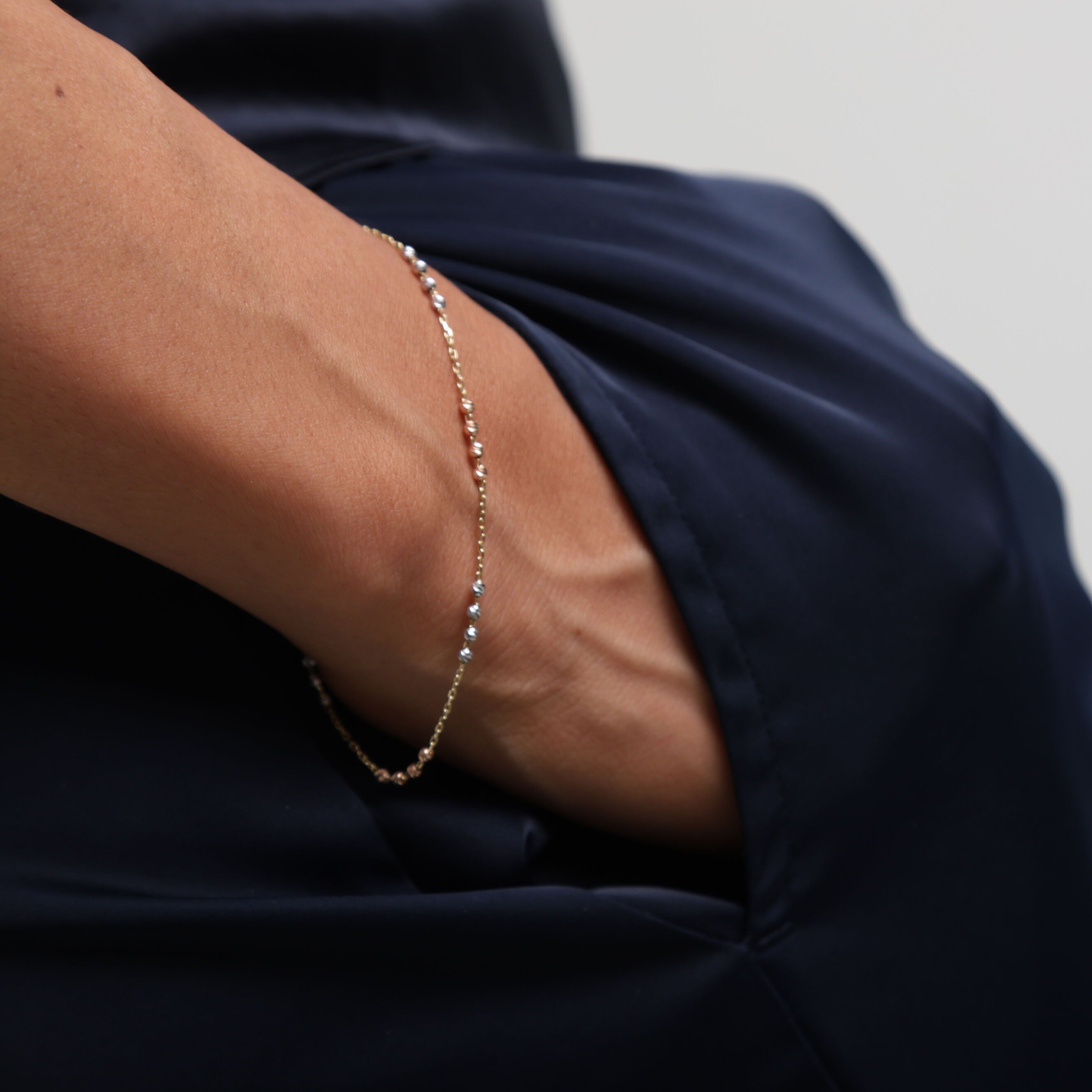 14K Tricolor Gold Dainty Bead Station Bracelet, 7.25"
