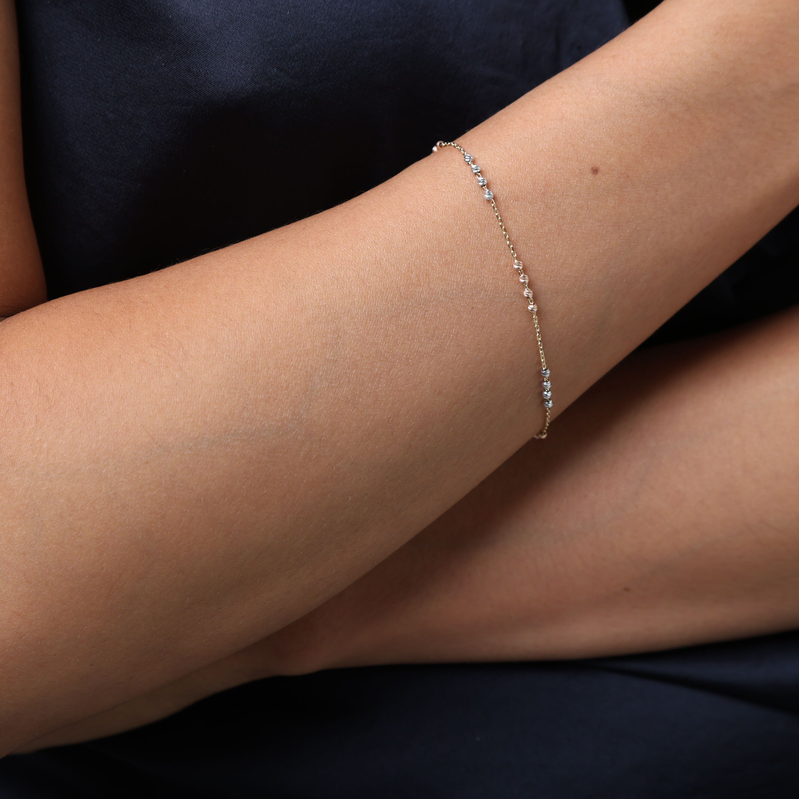 14K Tricolor Gold Dainty Bead Station Bracelet, 7.25"