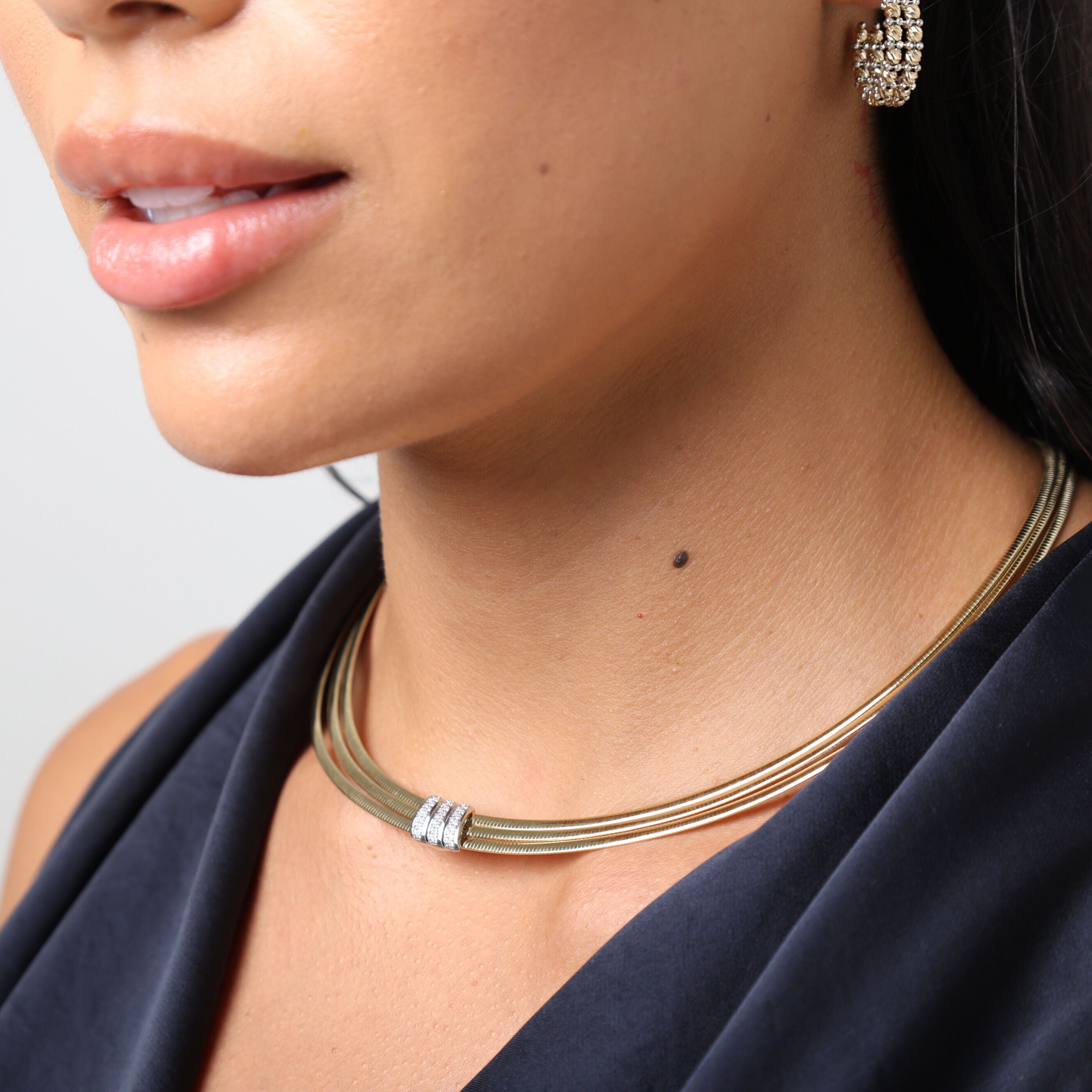 14K Gold Triple Omega Diamond Necklace – Elegant, Flexible & Natural Diamond Detail