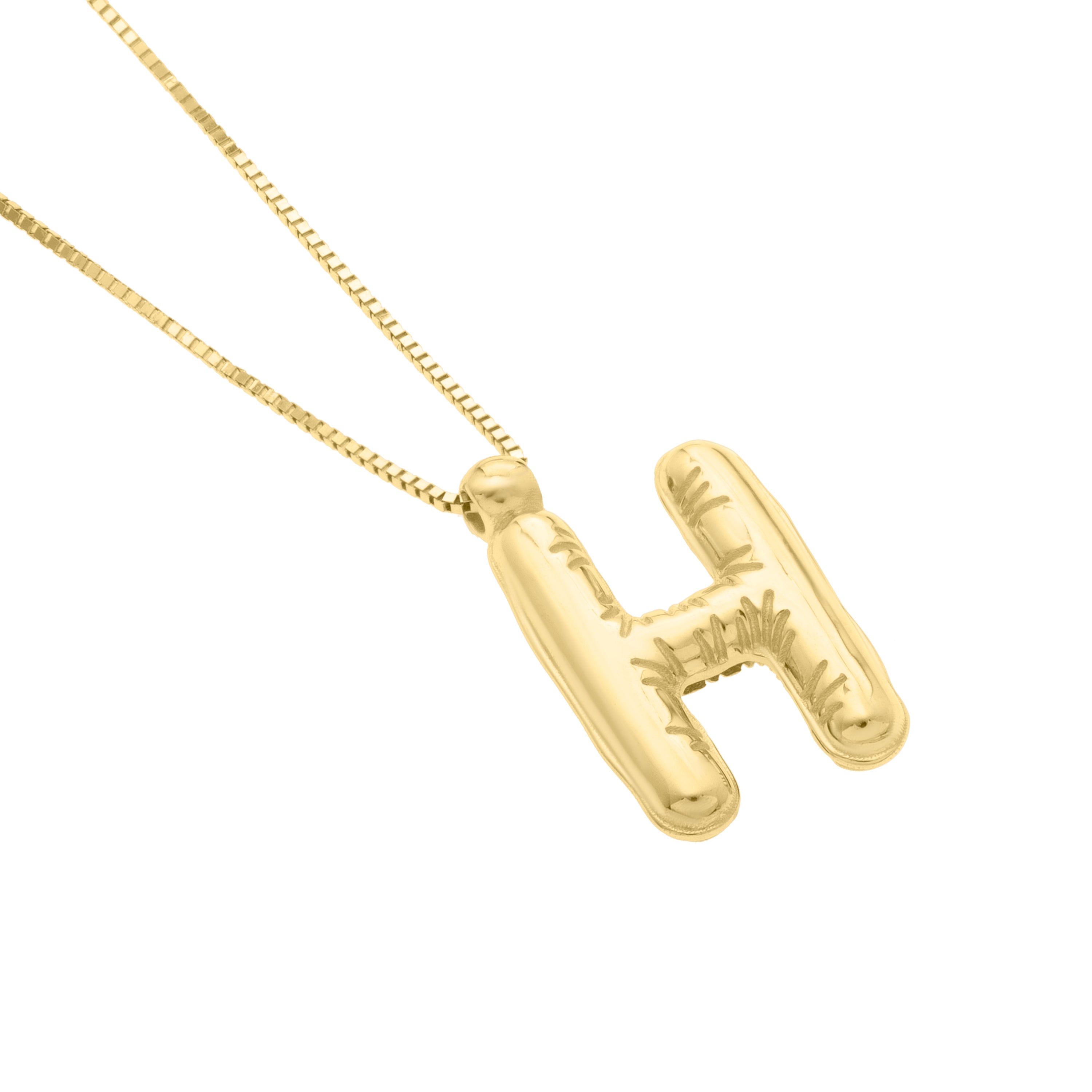 14K Gold Puffy Helium Initial Pendant Necklace: 18" Adjustable at 16"