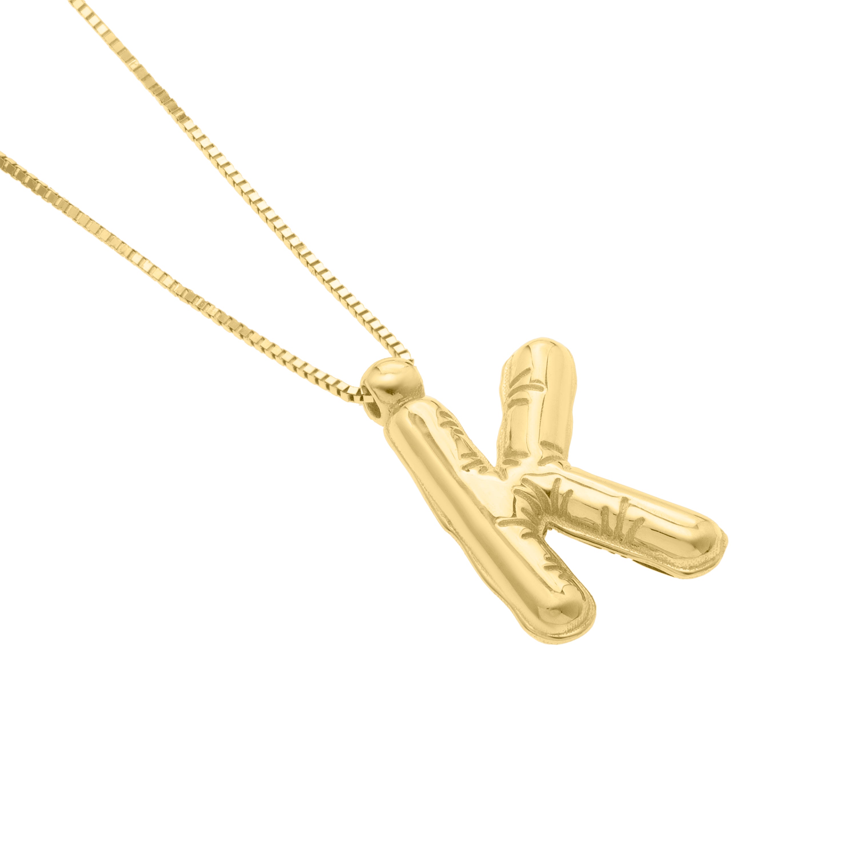 14K Gold Puffy Helium Initial Pendant Necklace: 18" Adjustable at 16"