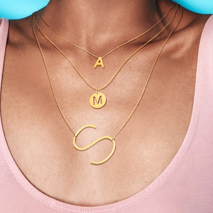 14K Gold Large Sideways Initial Necklace: 18"