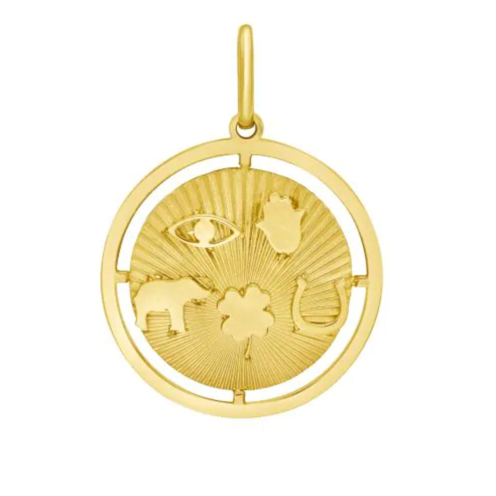 14K Gold Luck Symbols Disc Charm Pendant