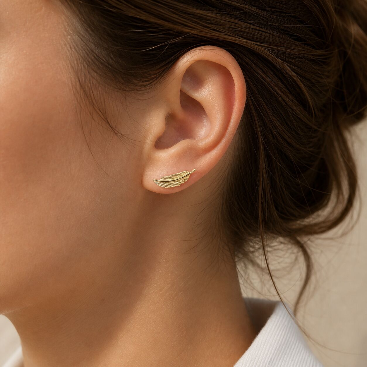 14K Yellow Gold Feather Ear Climber Earrings