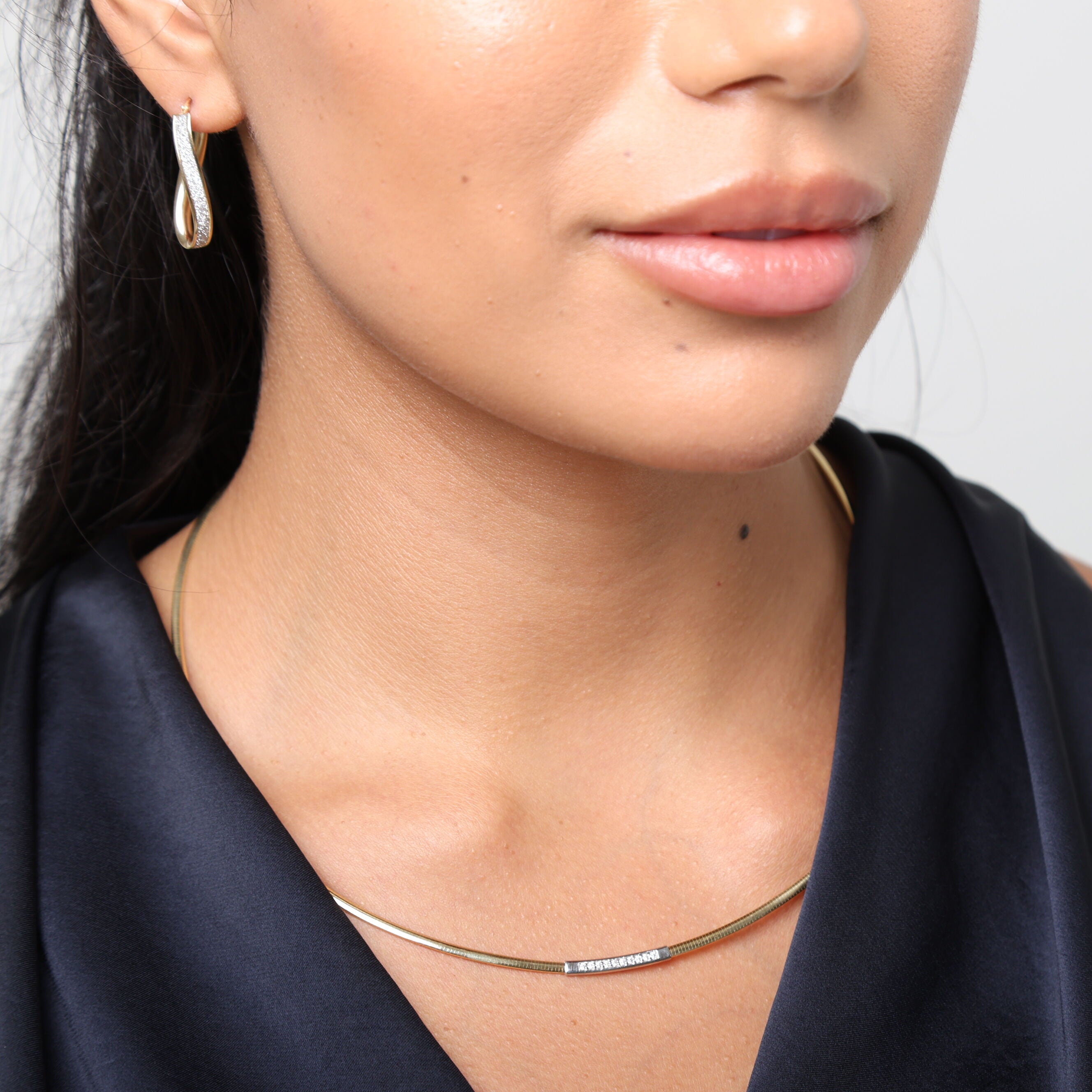 14K Gold Thin Omega Diamond Bar Necklace: 18" to 16" Adjustable, 0.08 Carat Total Weight, Natural Diamonds