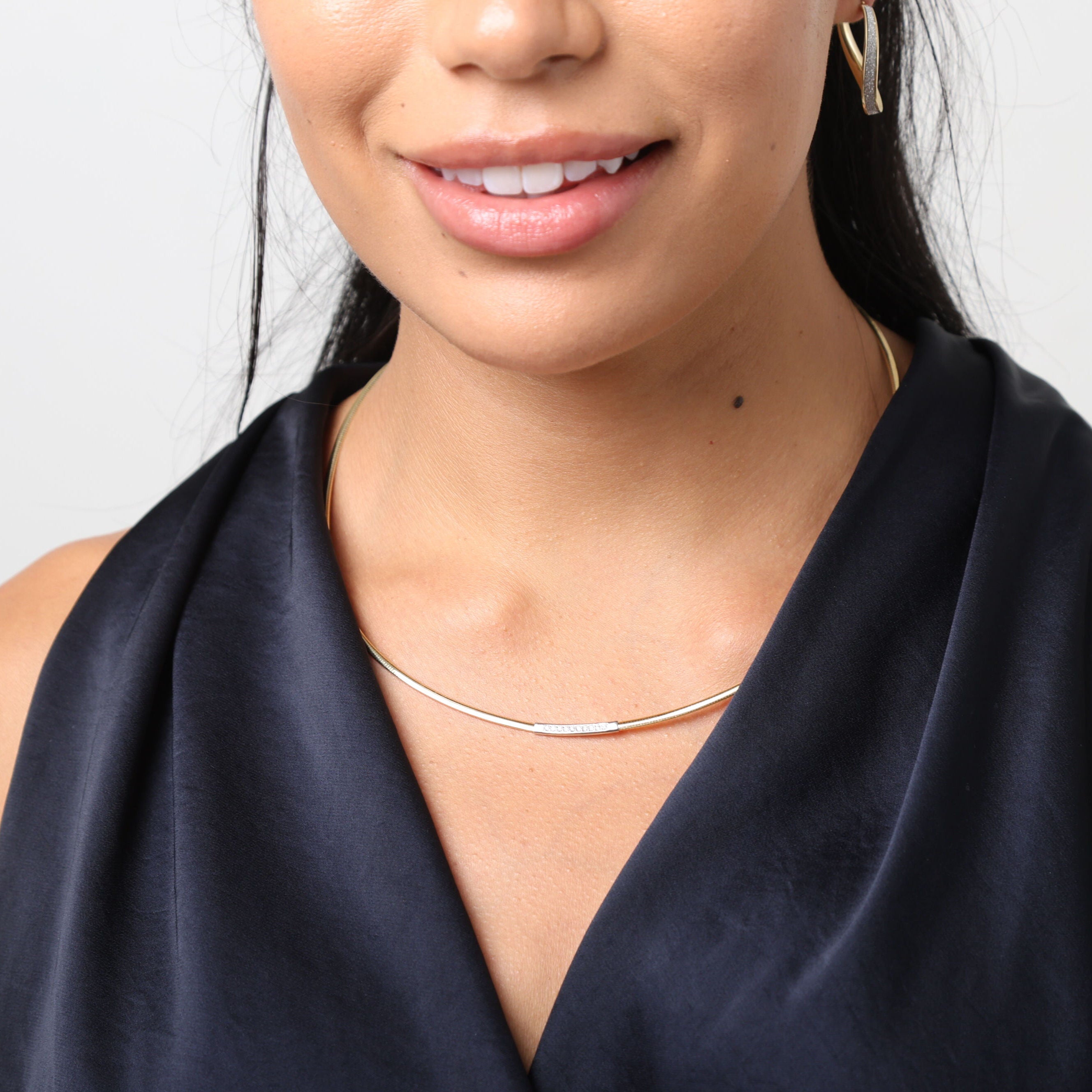 14K Gold Thin Omega Diamond Bar Necklace: 18" to 16" Adjustable