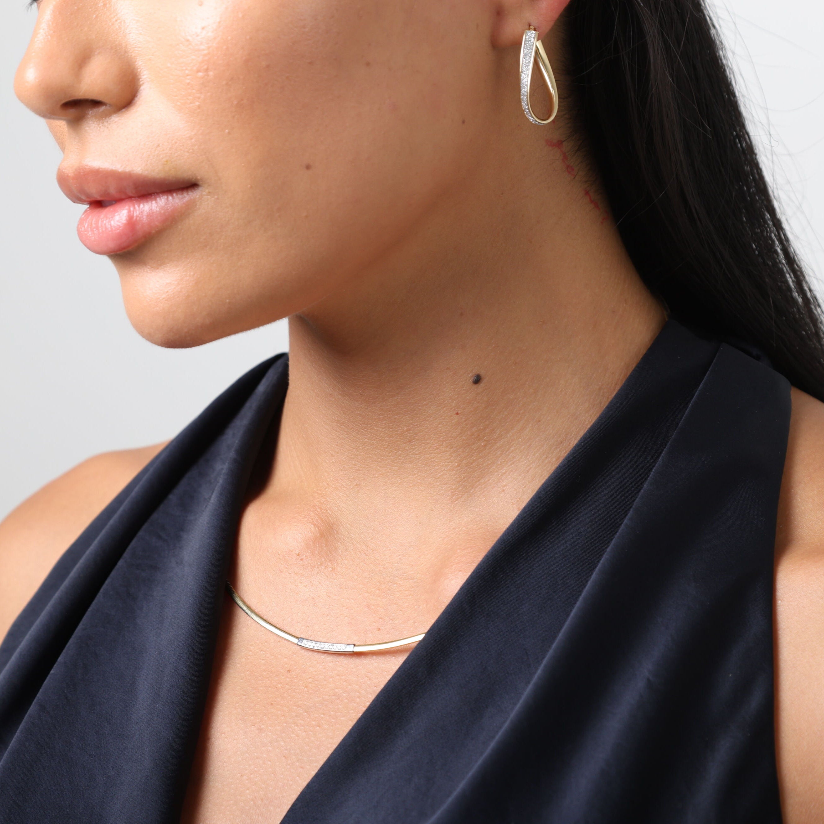 14K Gold Thin Omega Diamond Bar Necklace: 18" to 16" Adjustable