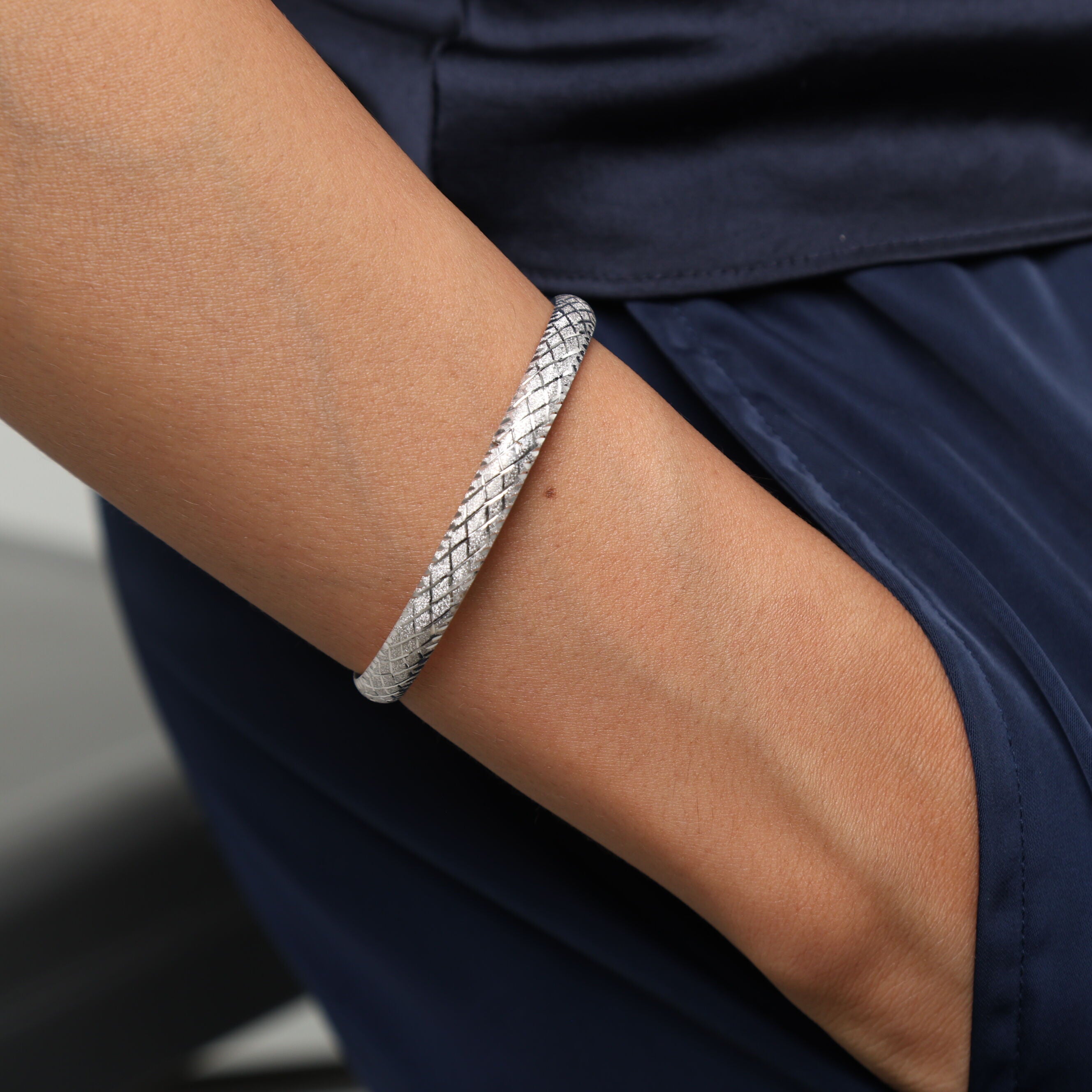 14K White Gold Textured Bangle Bracelet: X-Design