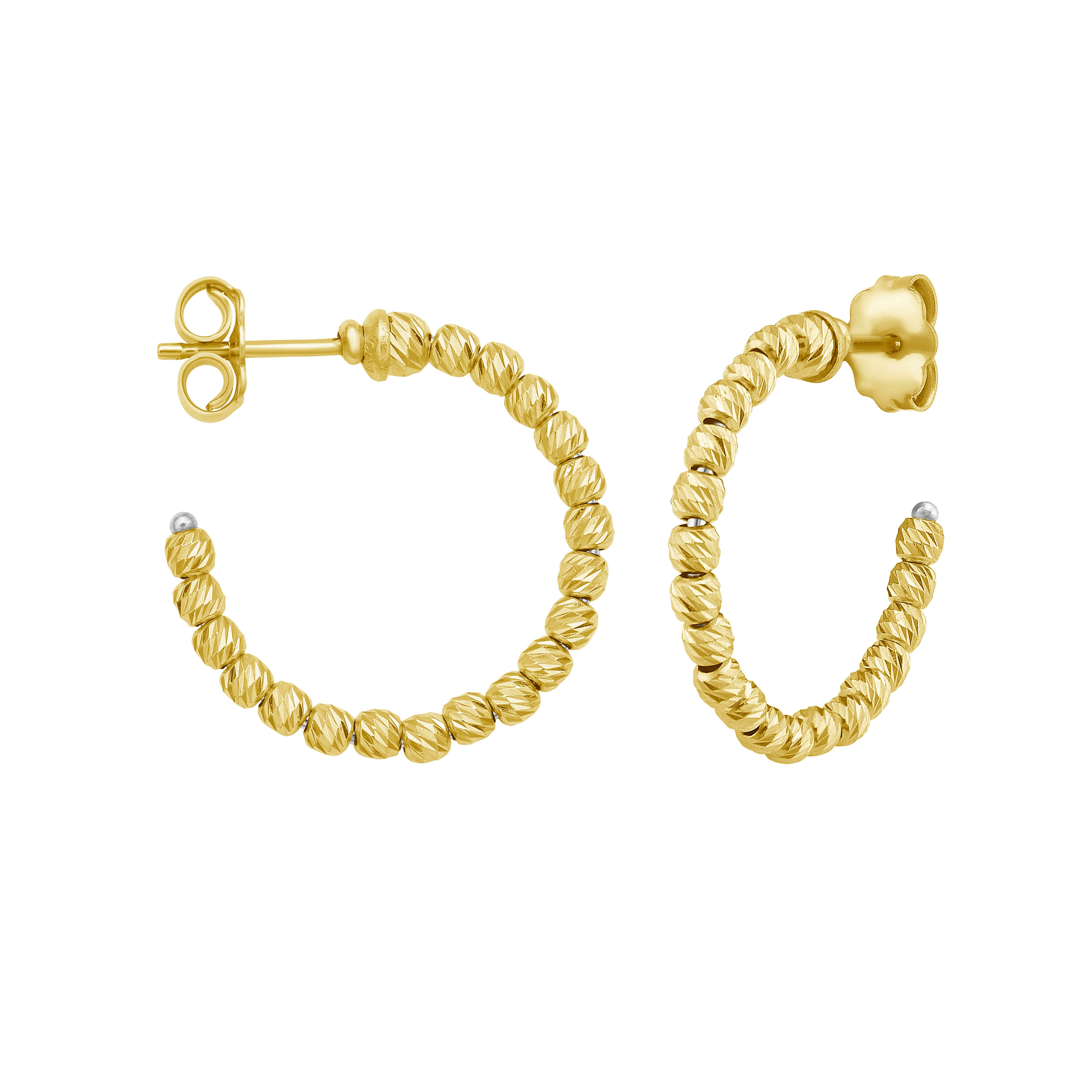 14K Gold Beaded C-Hoop Earrings: Diamond Cut