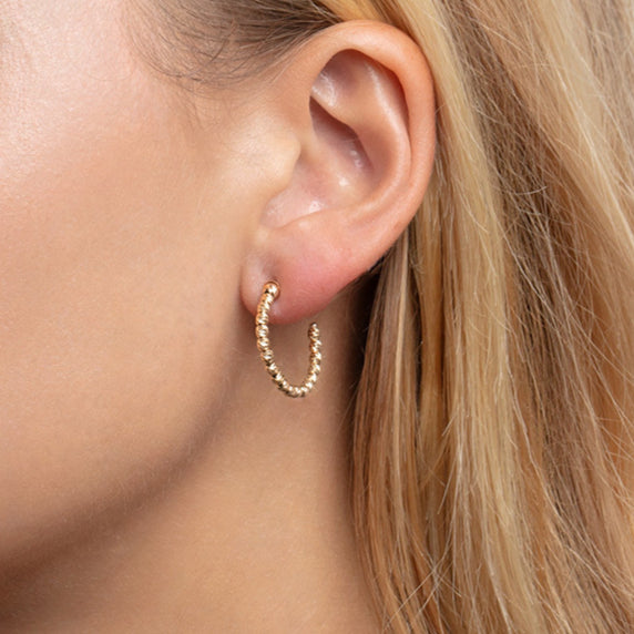 14K Gold Beaded C-Hoop Earrings: Diamond Cut