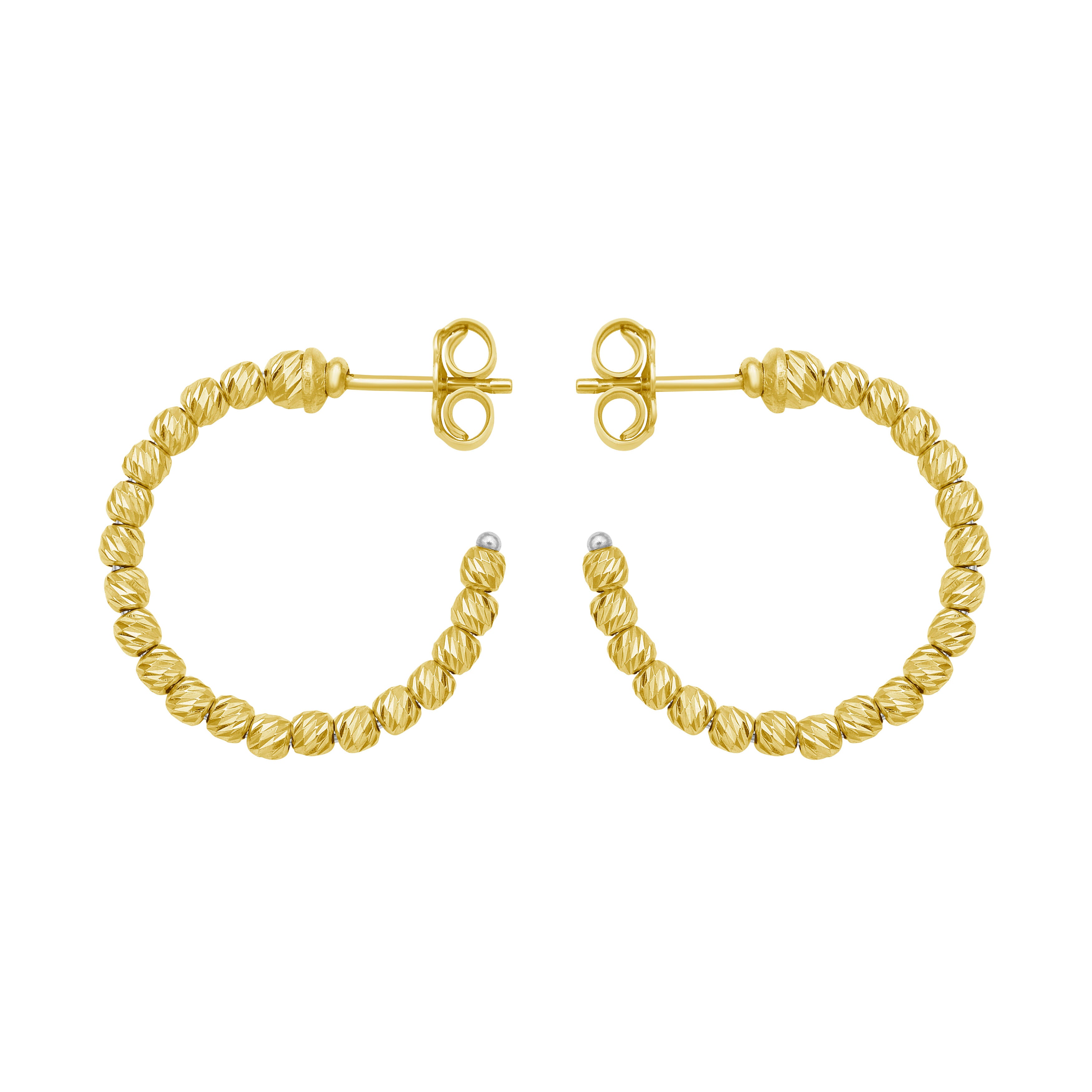 14K Solid Gold Beaded C-Hoop Earrings – Diamond Cut, Sparkling, Hypoallergenic