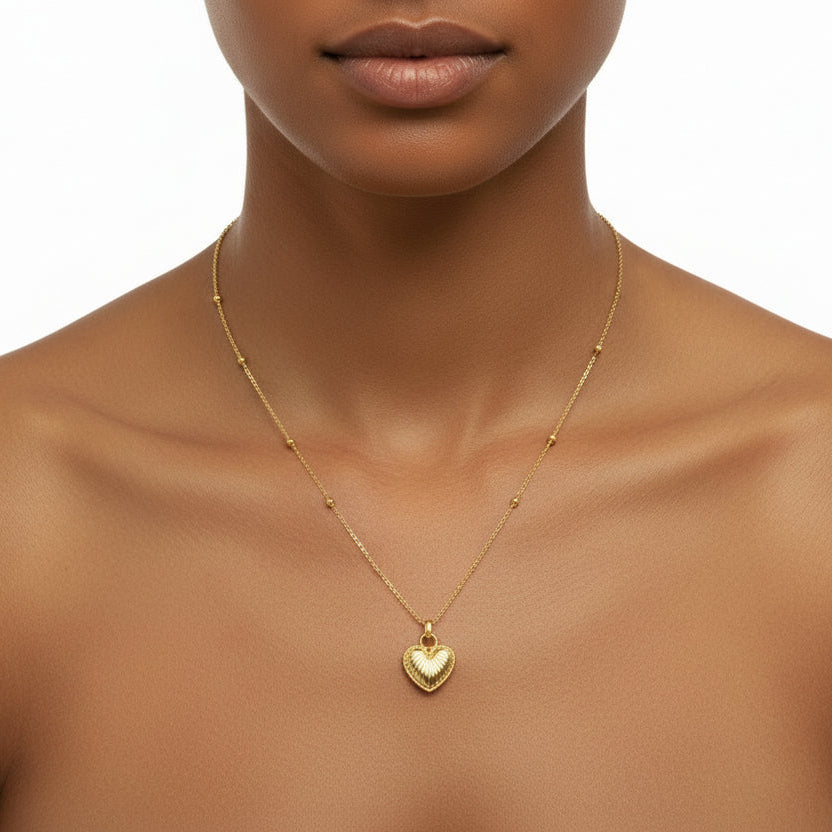 14K Gold Puffed Heart Pendant Necklace: