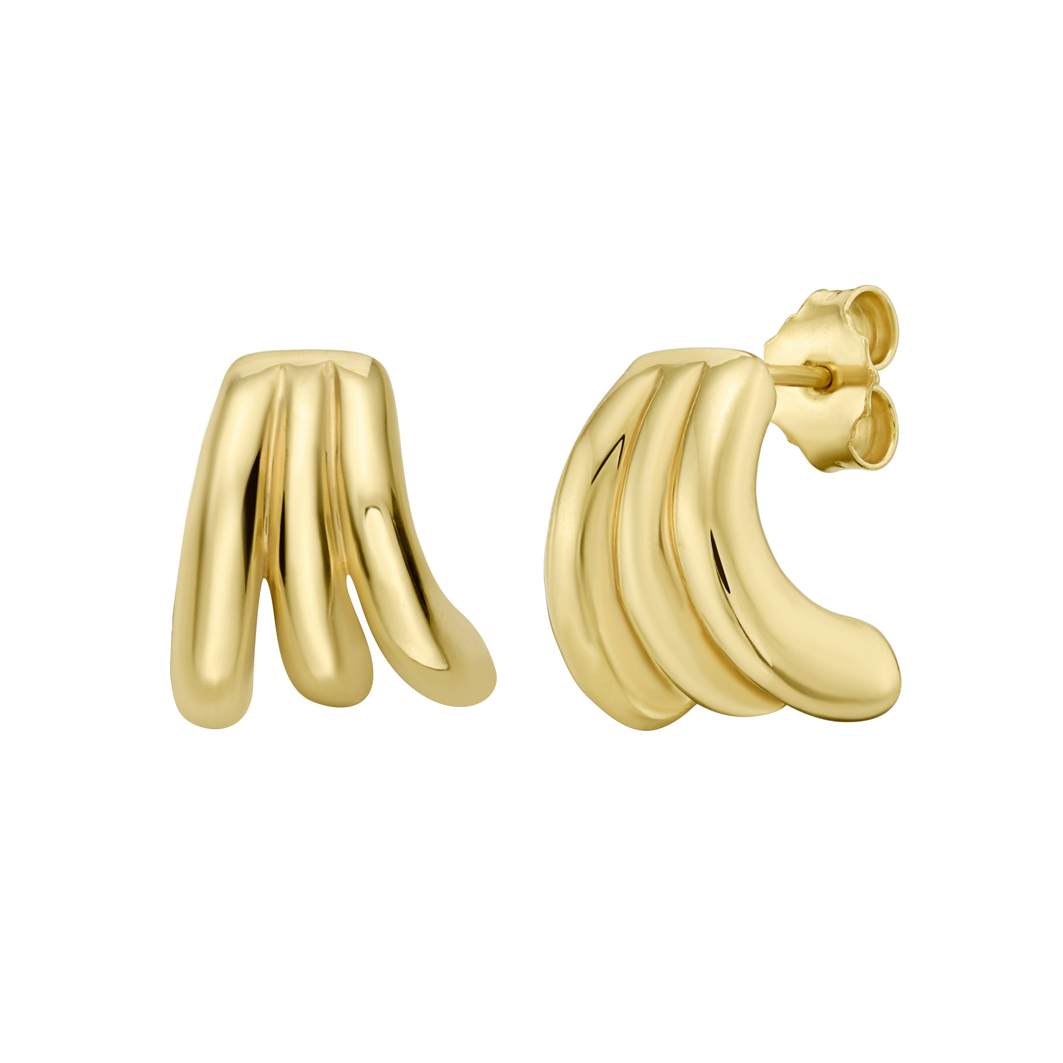 14K Gold Triple-Row Splayed C-Hoop Huggie Hoop Earrings