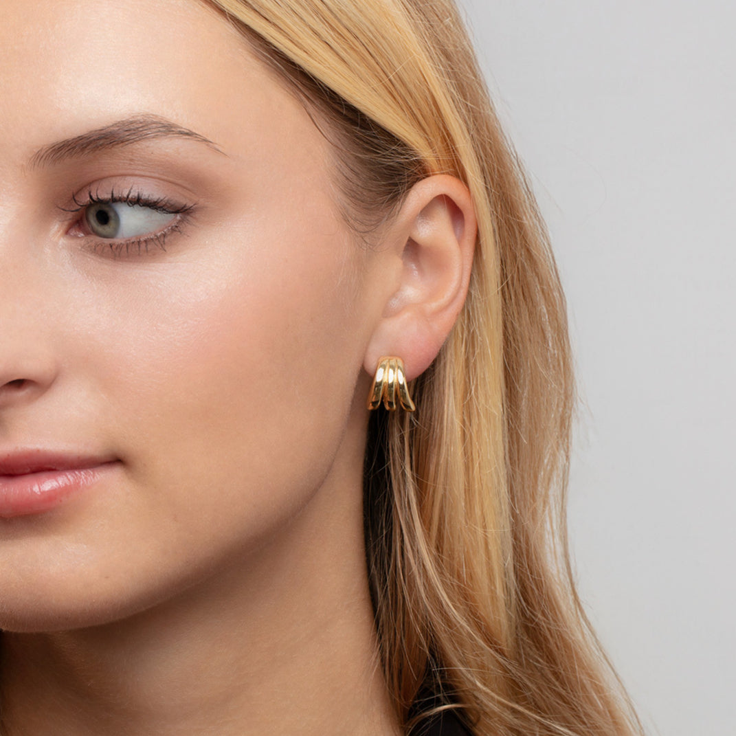 14K Solid Gold Triple-Row Splayed C-Hoop Huggie Earrings – Bold, Elegant, Hypoallergenic