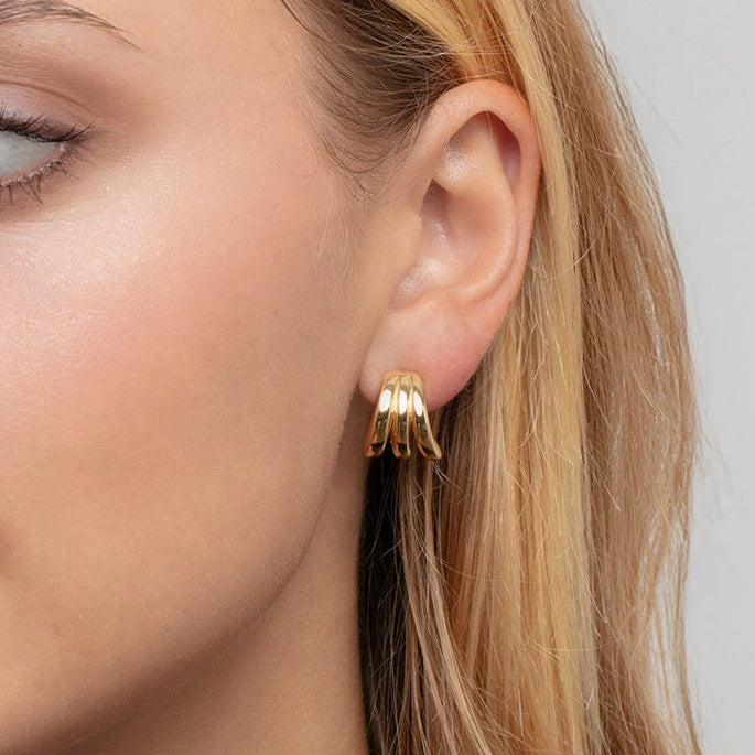 14K Gold Triple-Row Splayed C-Hoop Huggie Hoop Earrings