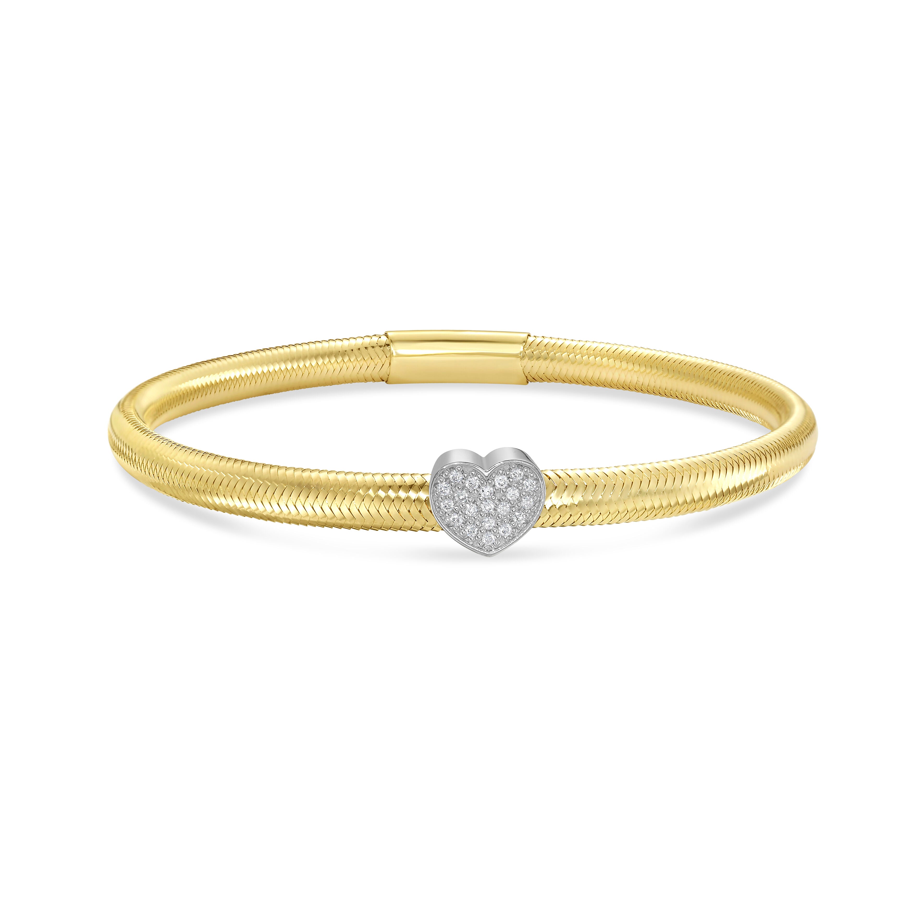 14K Gold & Diamonds Heart Stretch Mesh Bangle: Slip-on