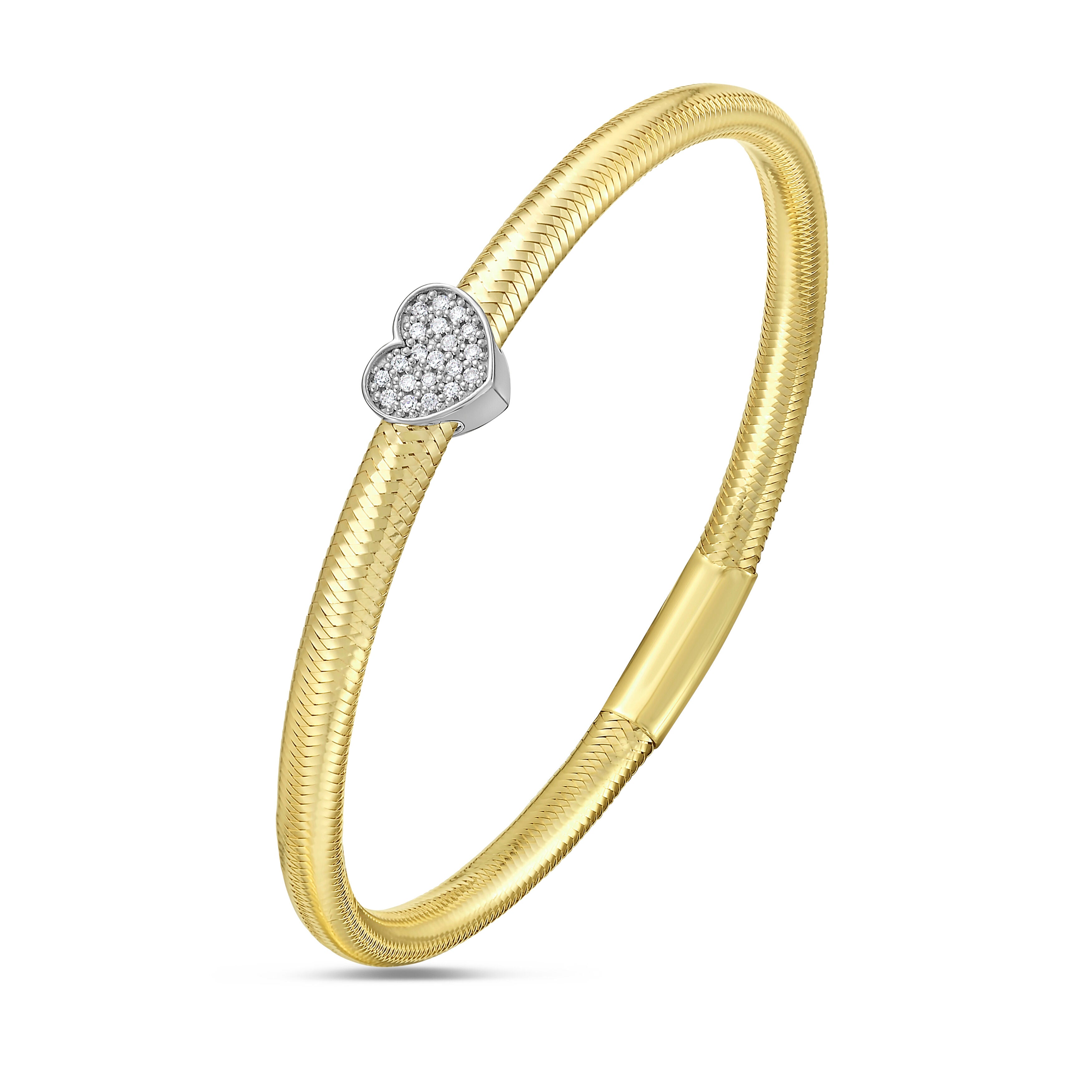 14K Gold & Diamonds Heart Stretch Mesh Bangle Bracelet: Slip-on