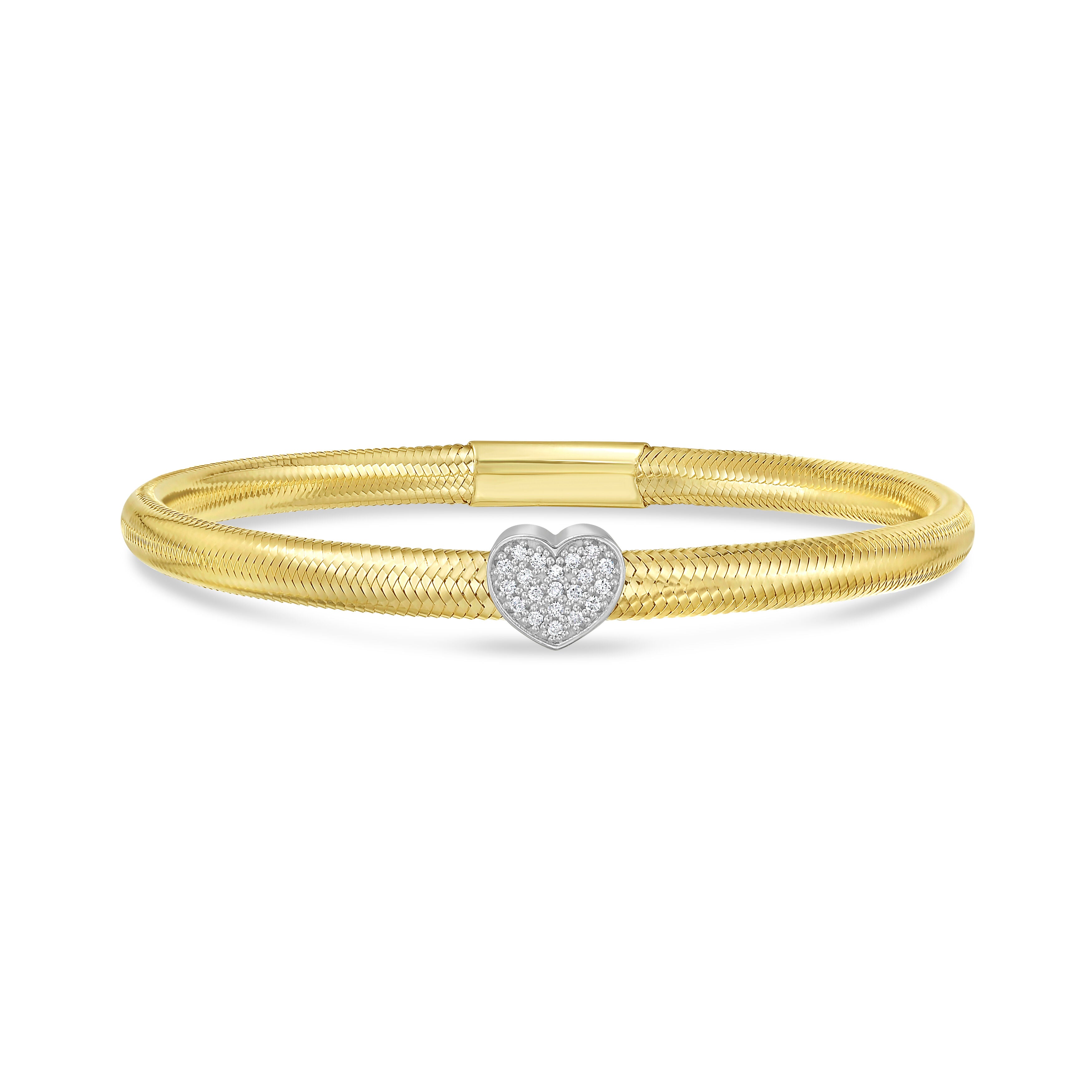 14K Yellow Gold & Diamonds Heart Stretch Mesh Bangle Bracelet: Slip-on