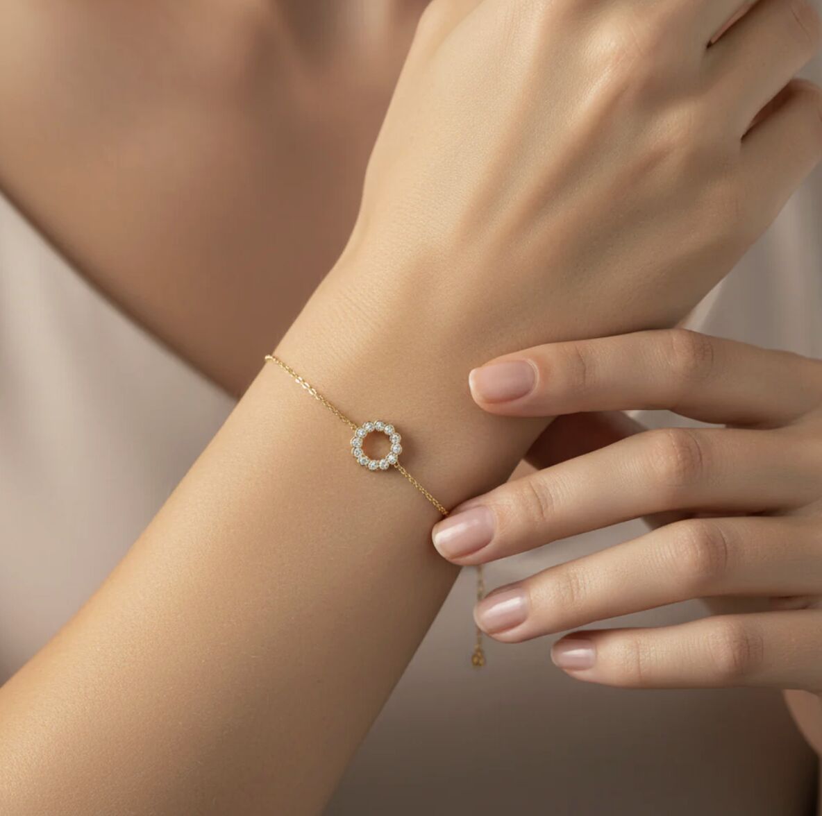 14K Solid Gold Diamond Circle Bracelet Bezel Set Adjustable Chain – Dainty, Sparkling, Minimalist