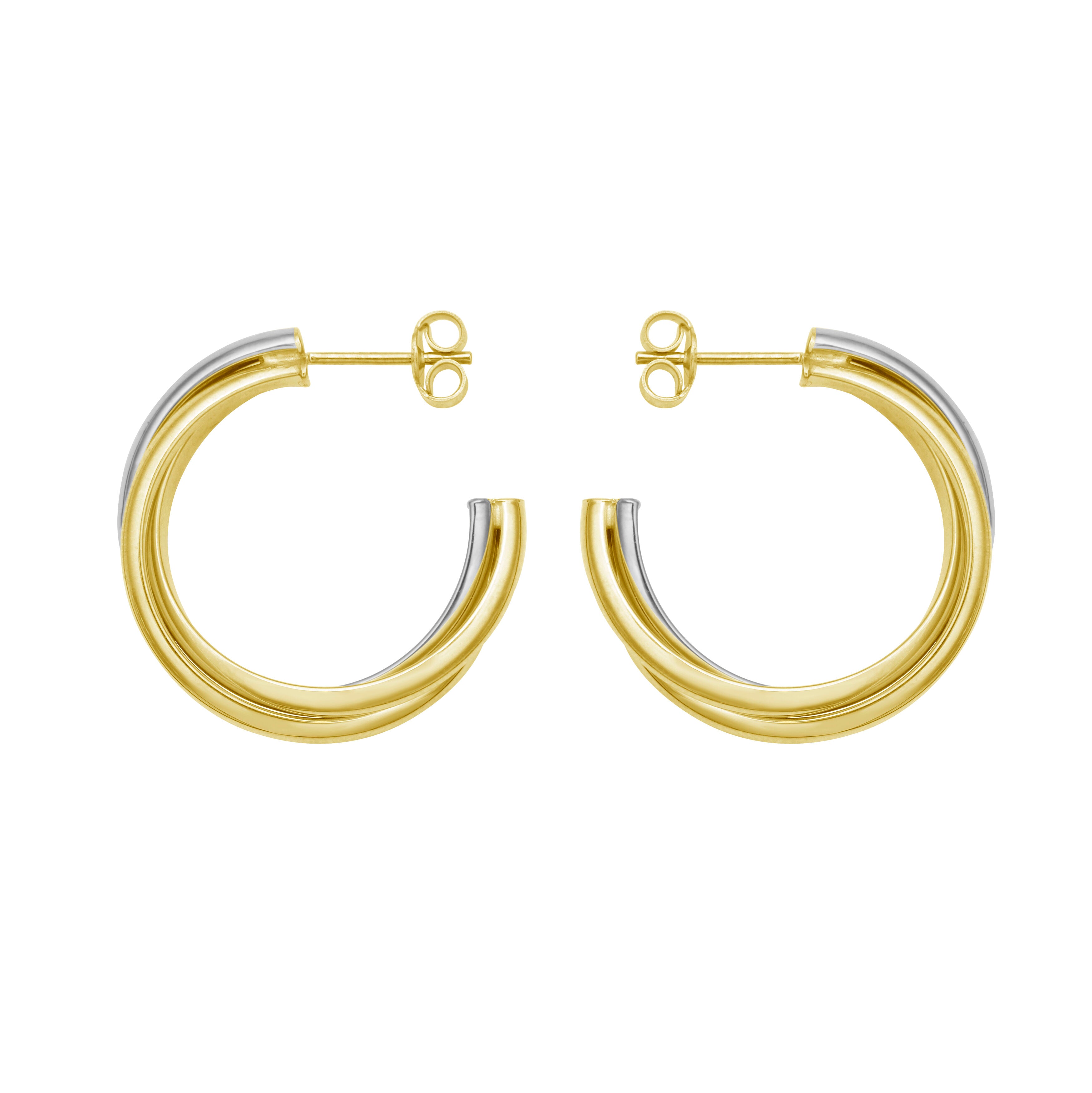 14K Two Tone Gold Triple-row Bypass C-Hoop Earrings