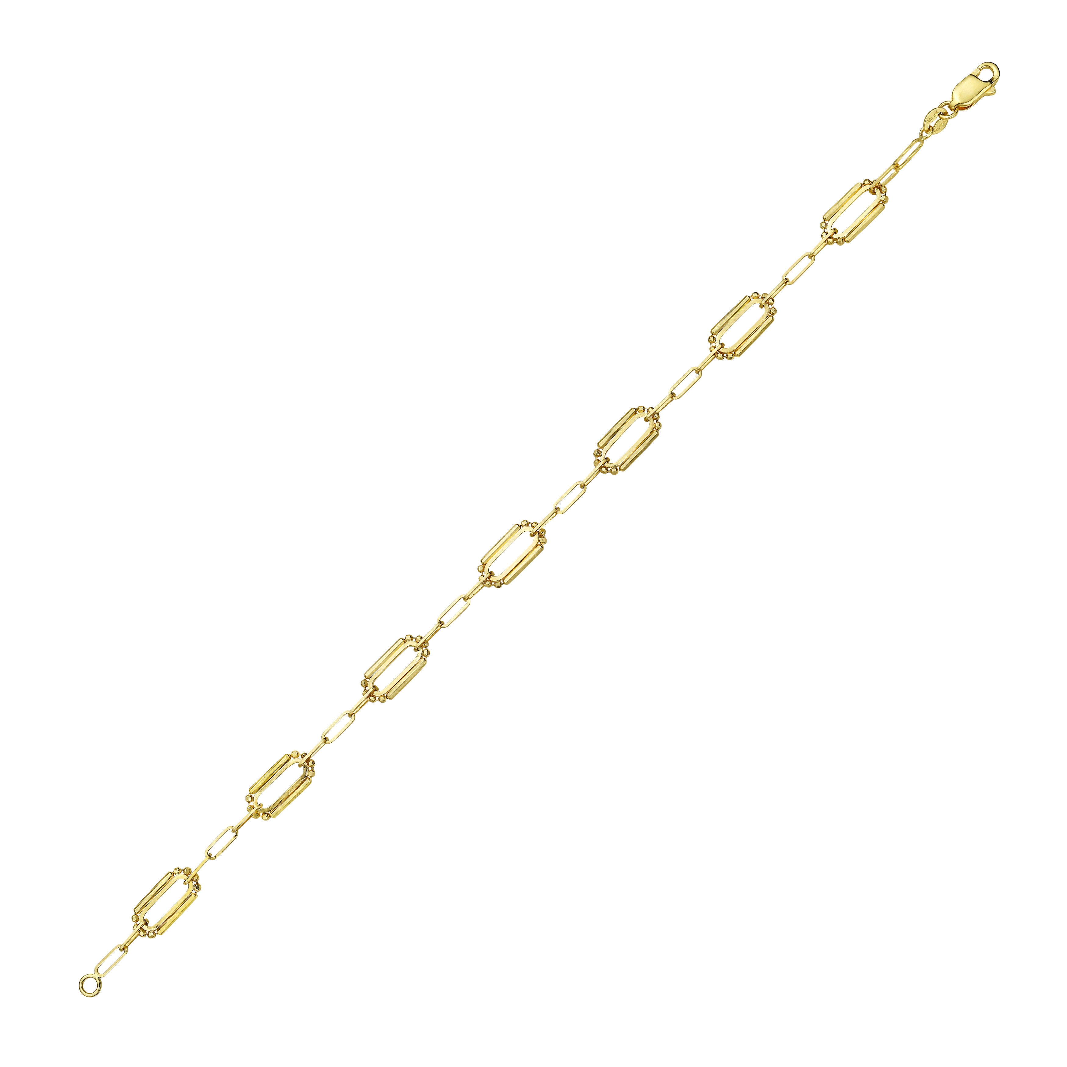 14K Solid Gold Paperclip Chain Bracelet – Mixed Width Links with Bead Accents