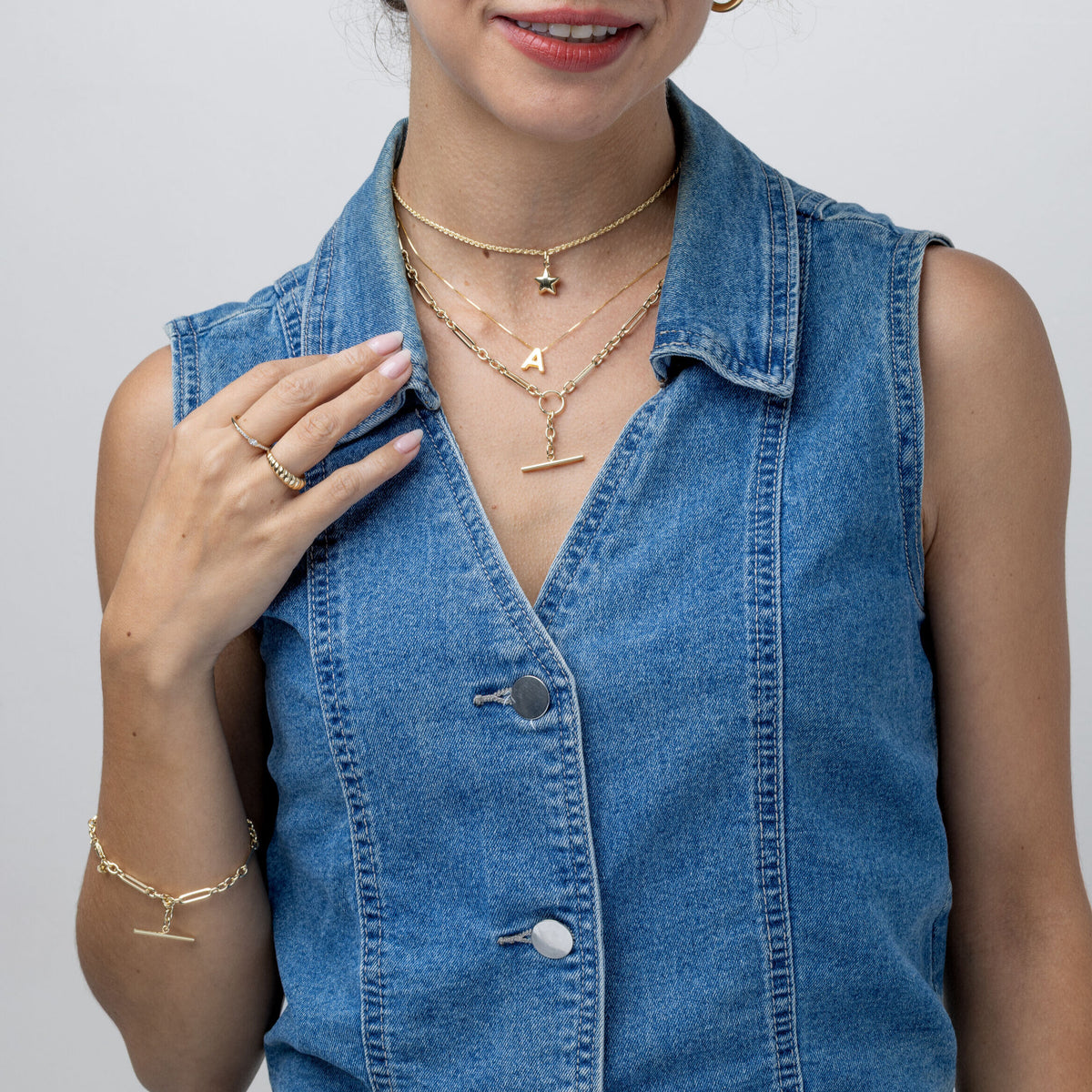 14K Yellow Gold Mixed Link T-Bar Drop Bracelet, 7.5"