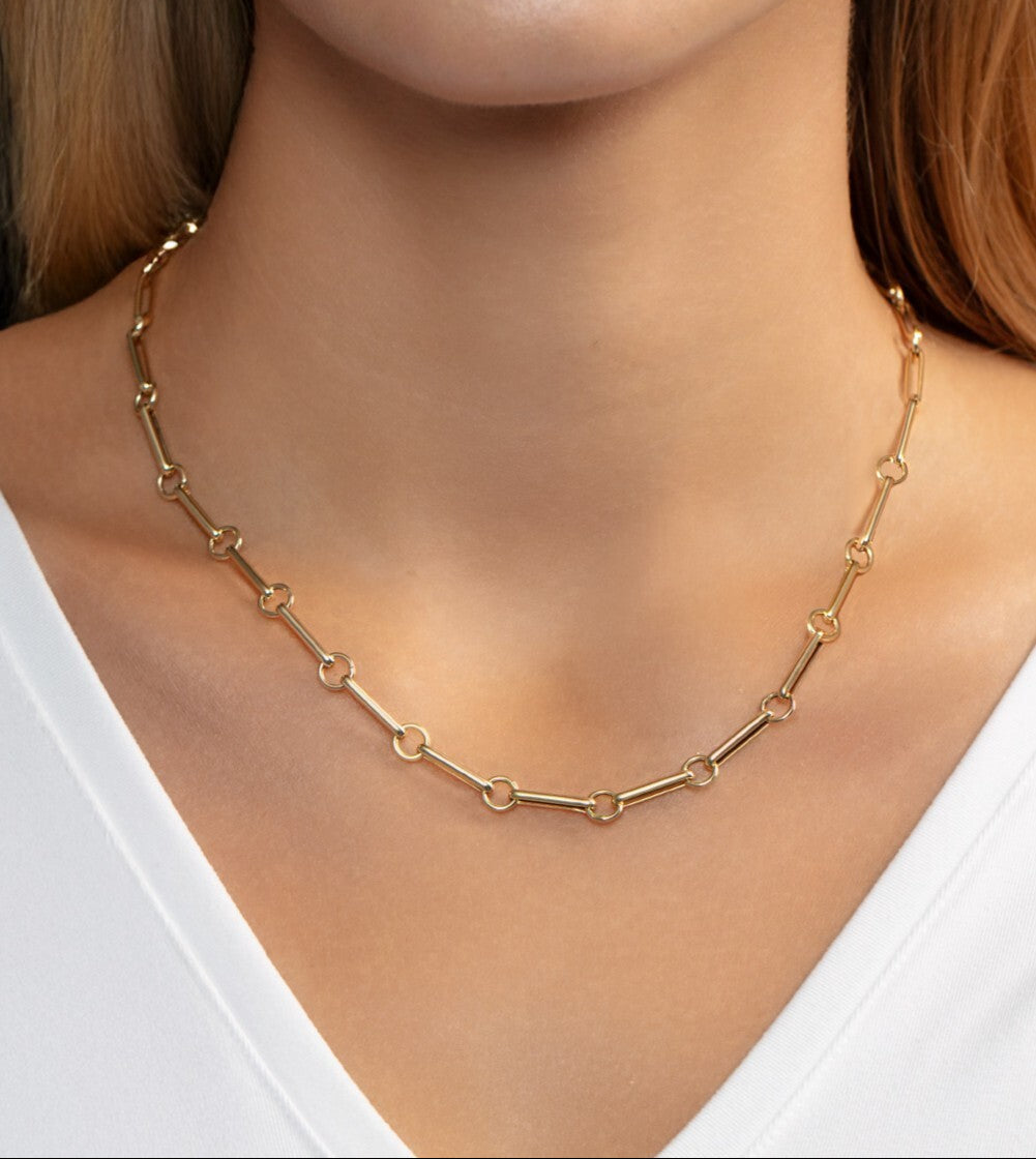 14K Solid Gold Bar & Circle Link Chain Necklace - Unique, Statement, Spring Jewelry
