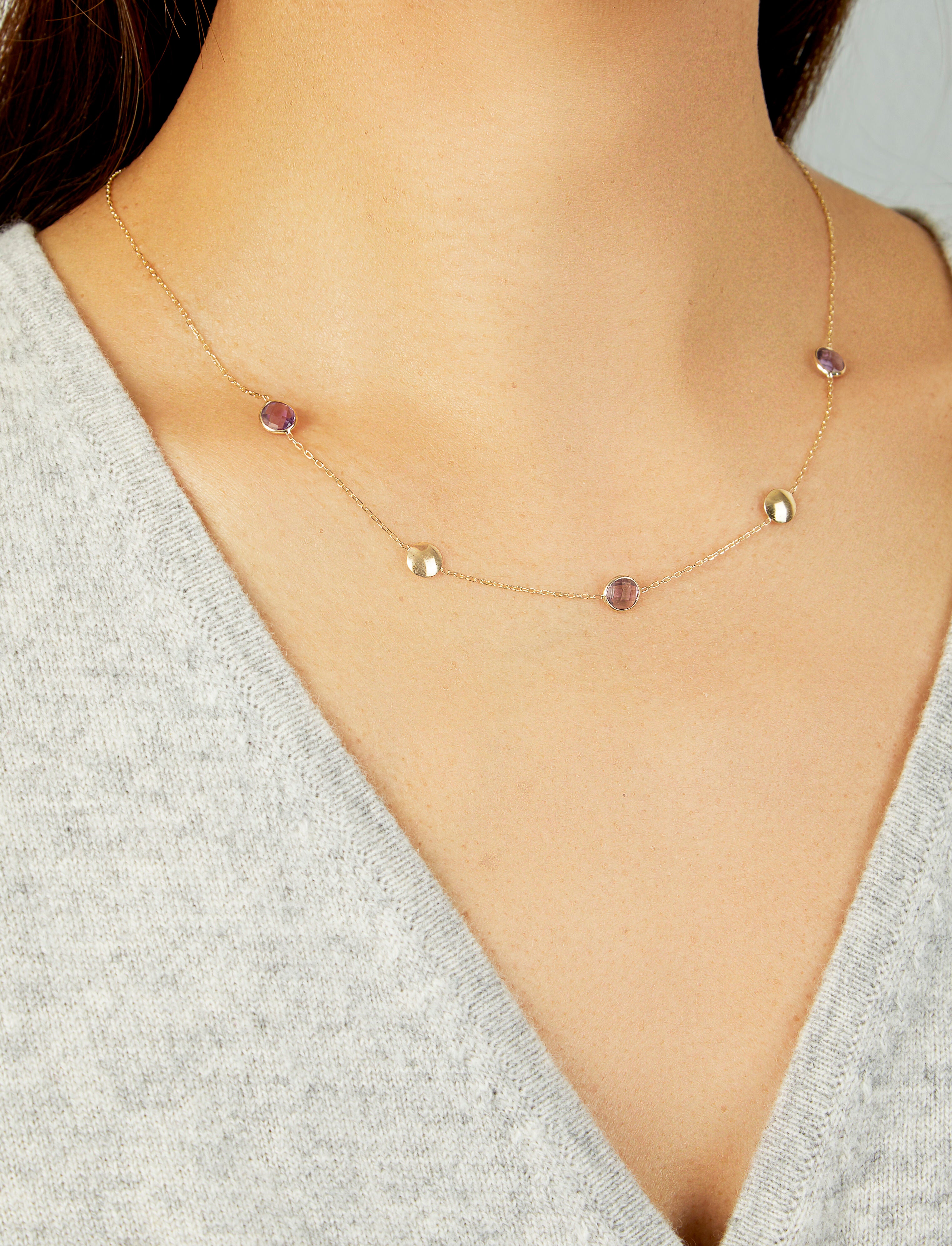 14K Gold Amethyst & Pebble Bead Necklace: 18" Adjustable