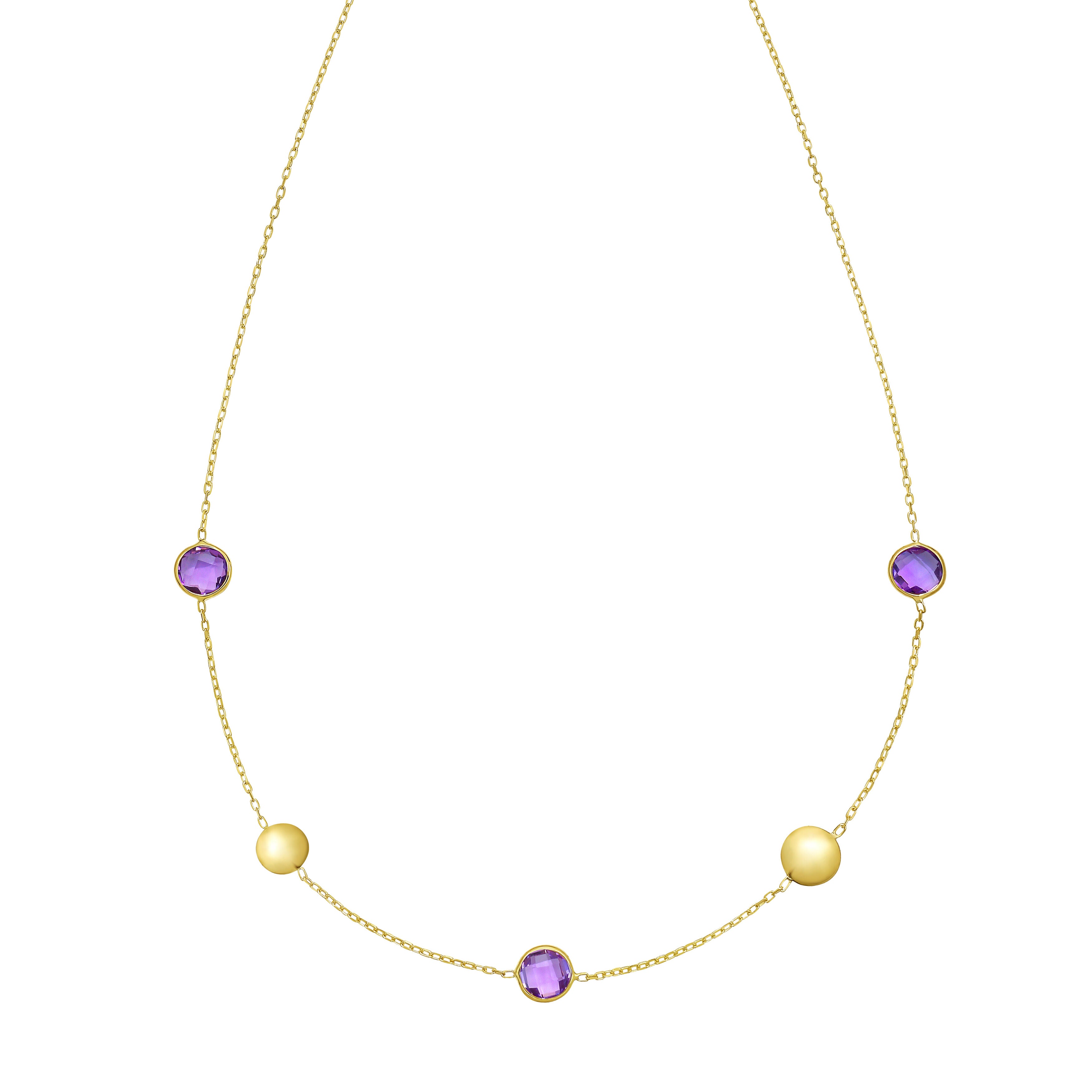 14K Gold Amethyst & Pebble Bead Necklace: 18" Adjustable