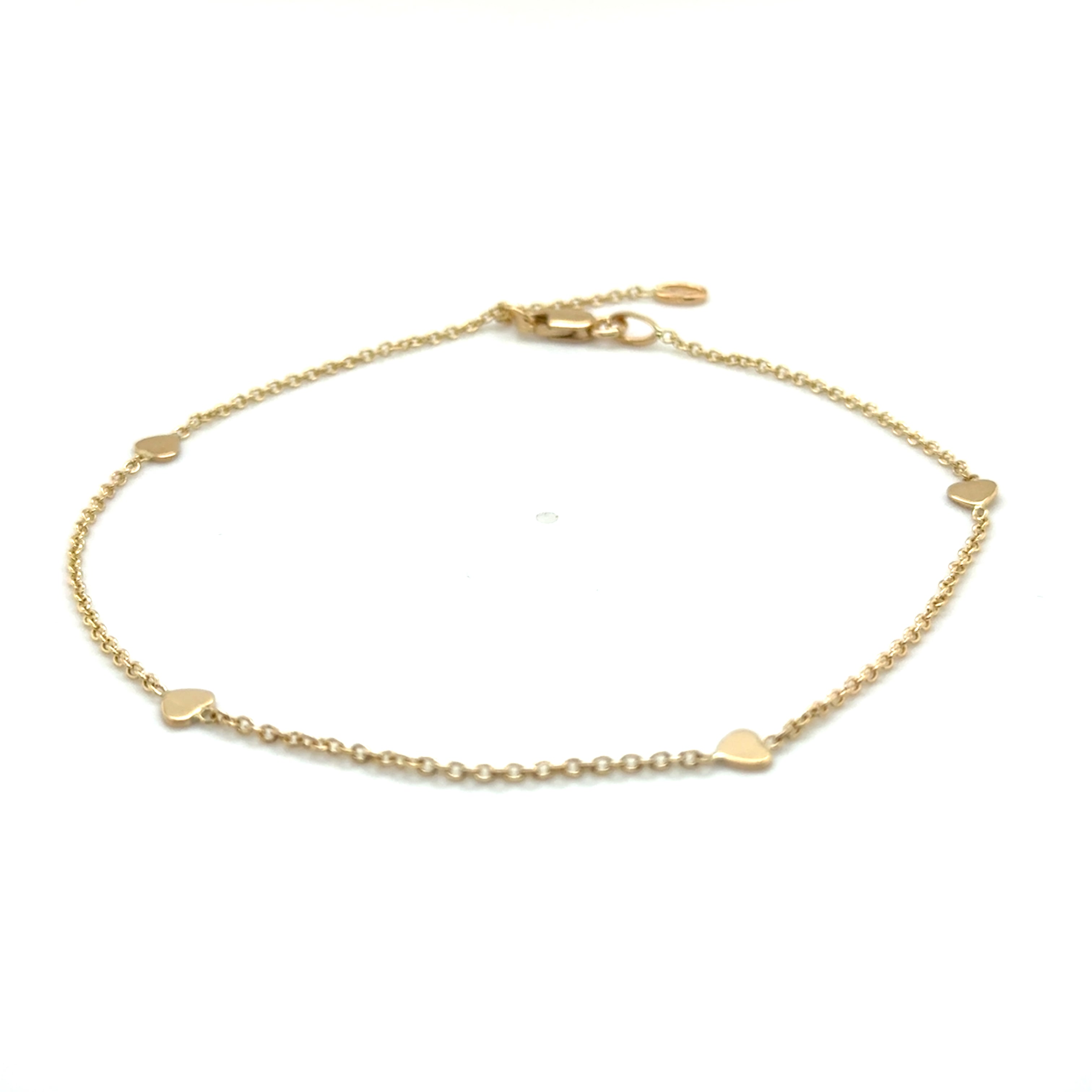 14K Yellow Gold Dainty Heart Station Anklet, 10" Adjustable