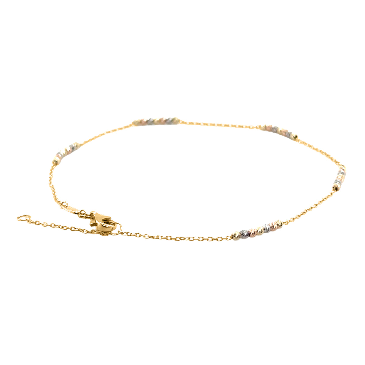 14K Tricolor Gold Diamond Cut Dainty Bead Anklet, 10" Adjustable