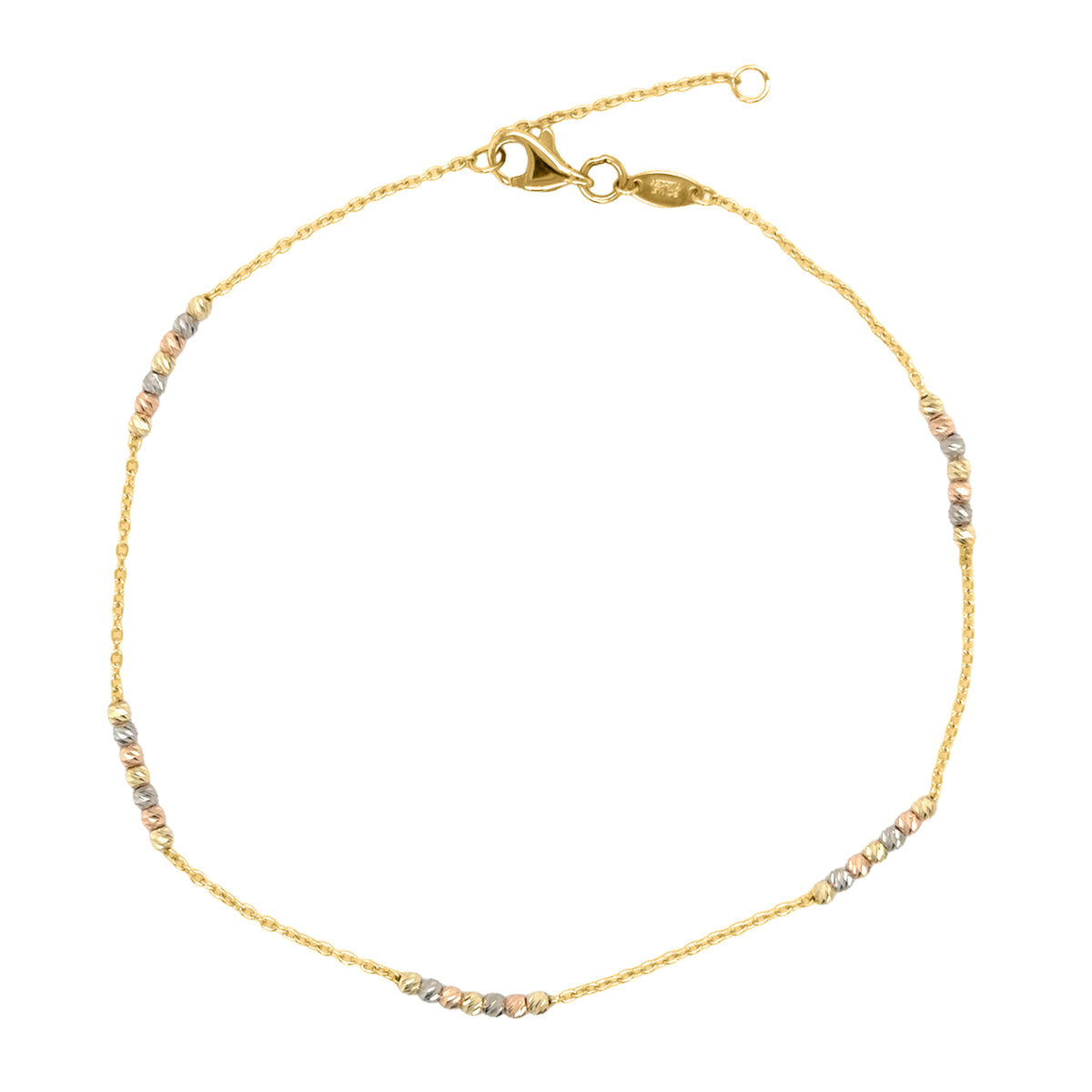 14K Tricolor Gold Diamond Cut Dainty Bead Anklet, 10" Adjustable