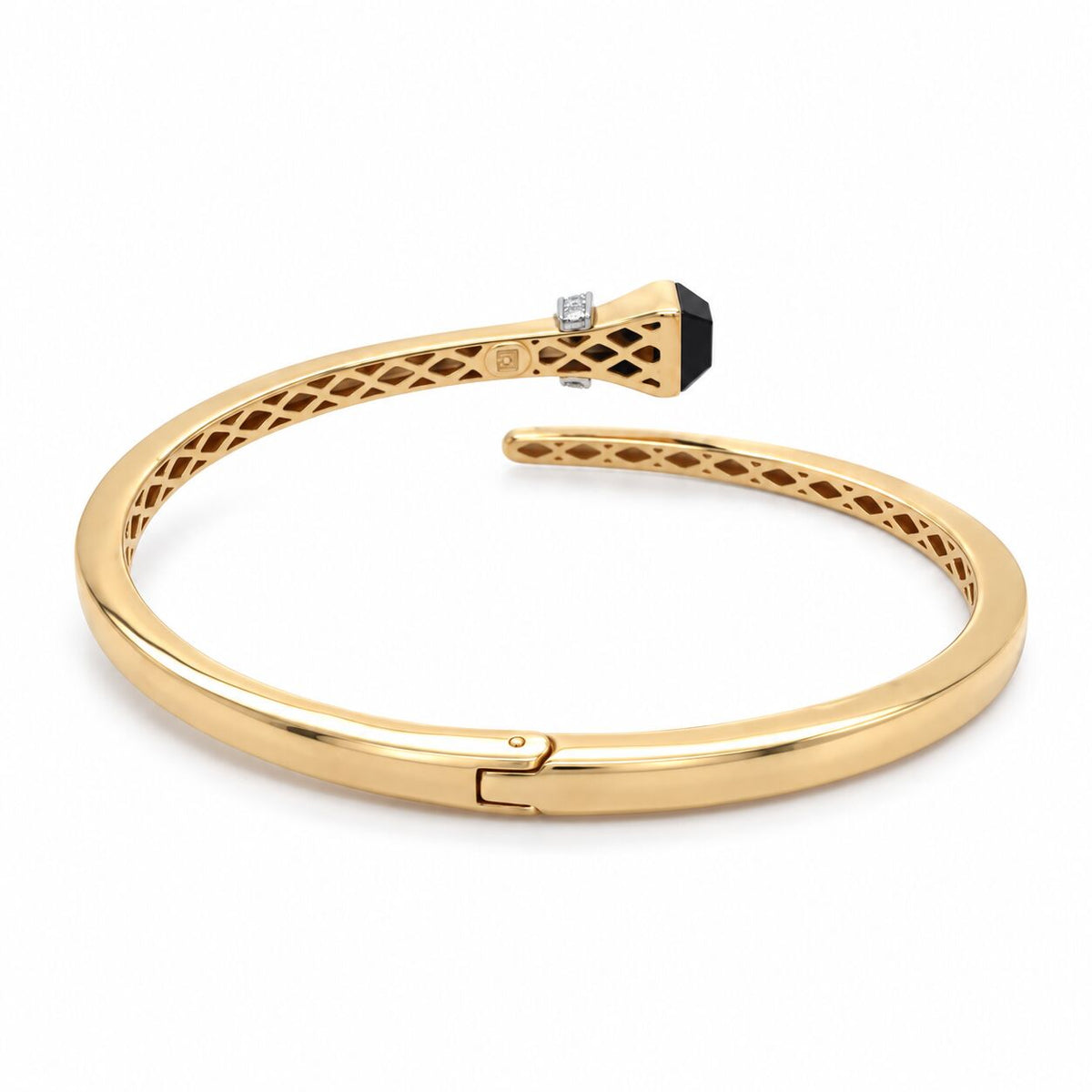 14K Yellow Gold Black Onyx & Diamond Hinged Wrap Bangle, 7"