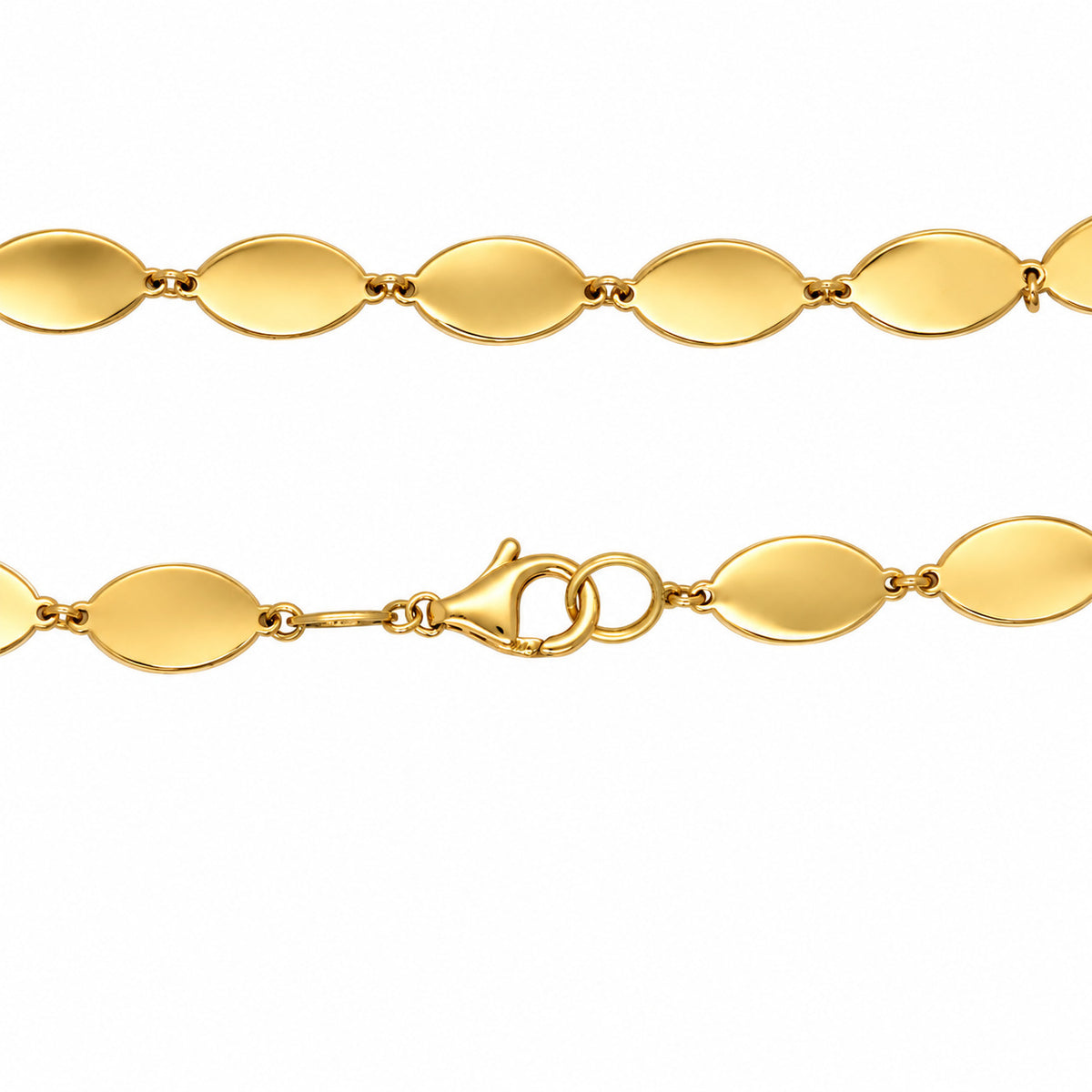 14K yellow gold necklace of mirrored oval flat links with gleaming finish and lobster-claw clasp