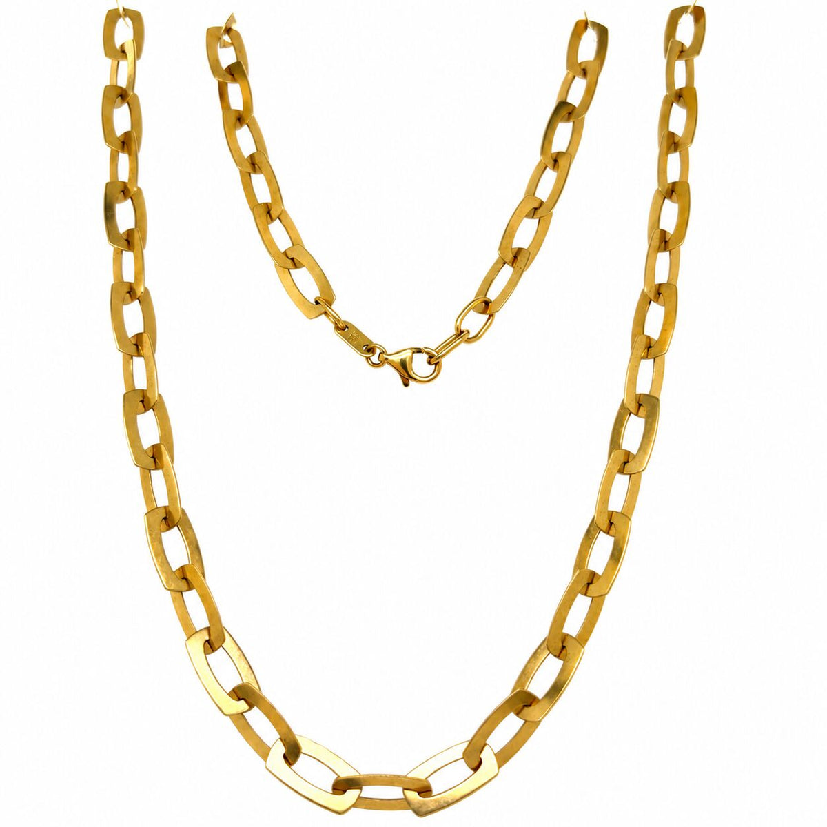Close-up of 14K yellow gold open rectangle-link necklace, large polished interlocking links, 6mm wide, 18-inch length