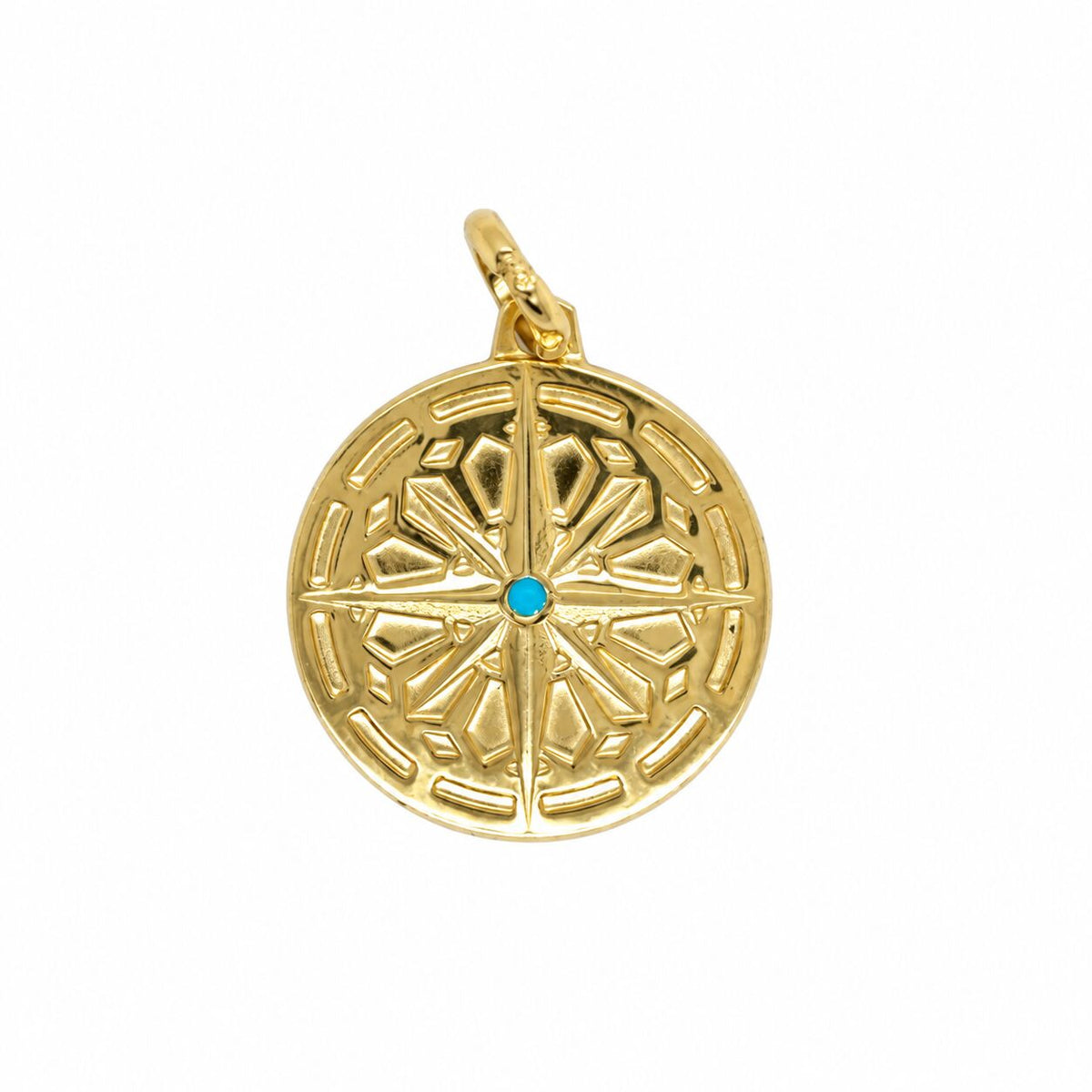 14K Yellow Gold Turquoise Compass Medallion Pendant, 15mm