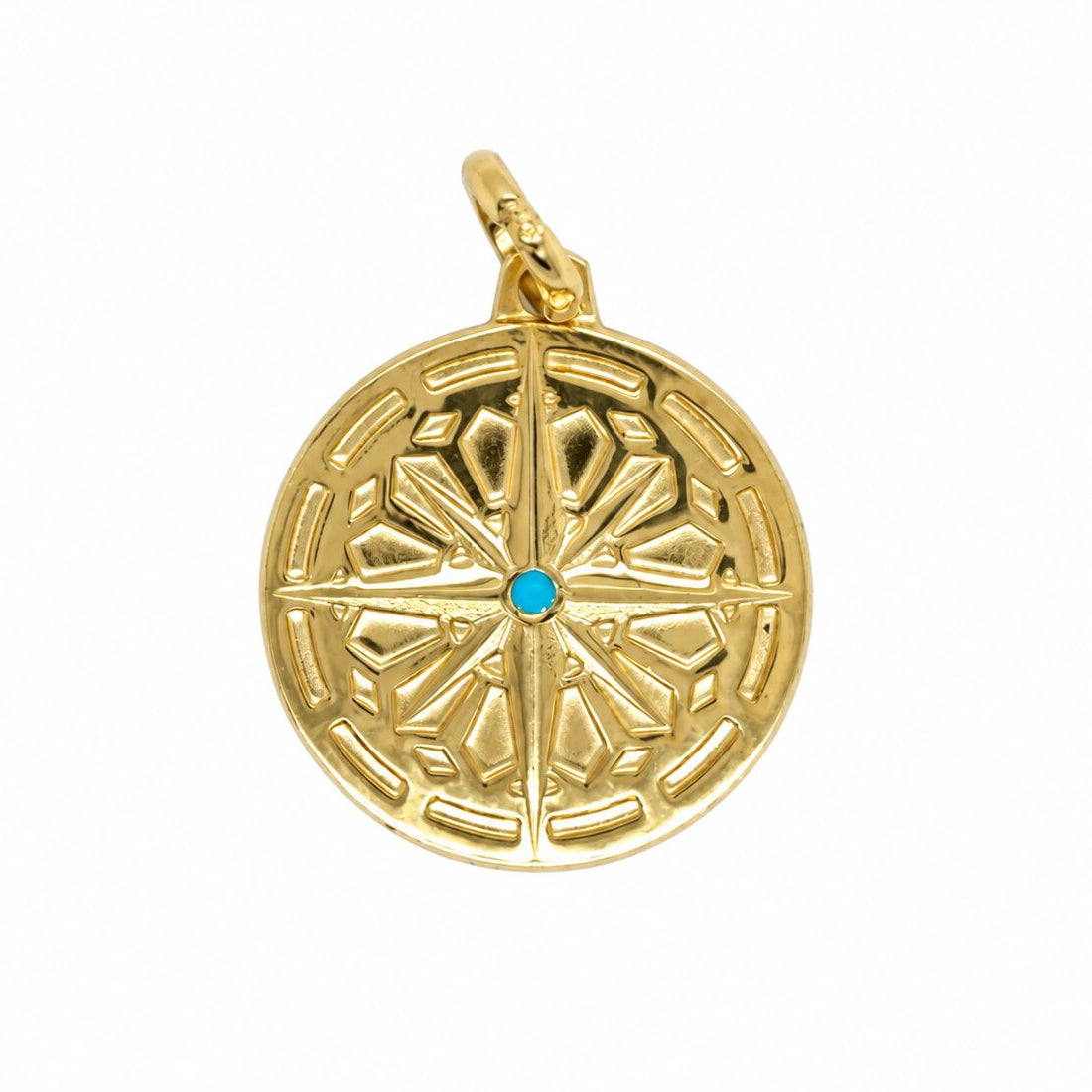 14K Yellow Gold Turquoise Compass Medallion Pendant, 15mm