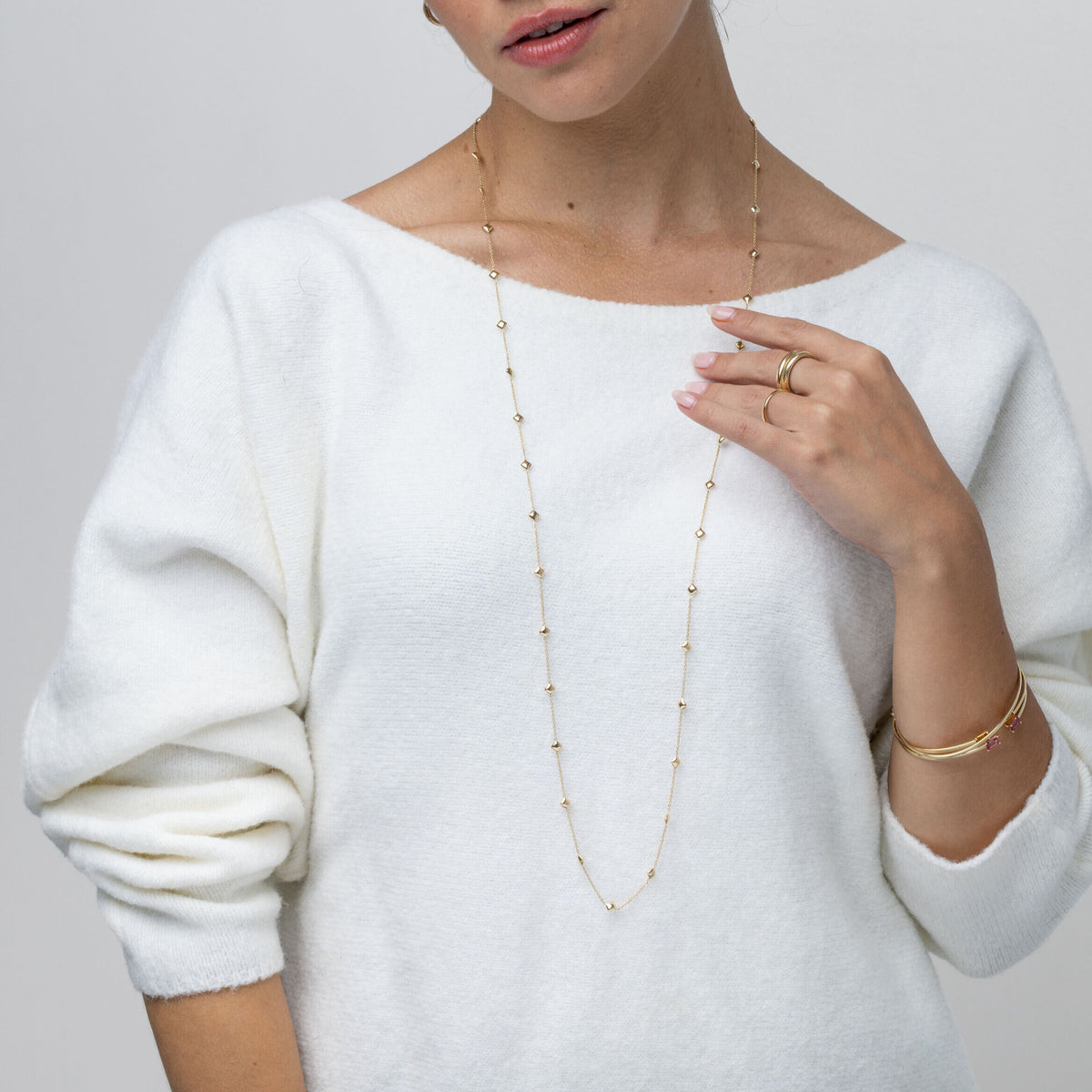 14K Yellow Gold Pyramid Bead Station Necklace, 38” and 14k gold gemstone chain
