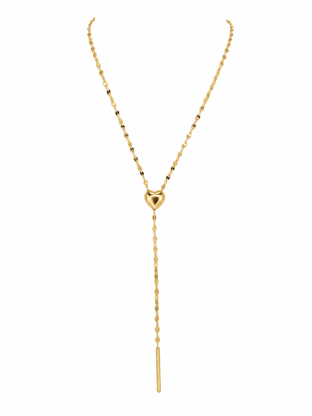14K Yellow Gold Heart Mirror Link Lariat Necklace, Adjustable, 20”