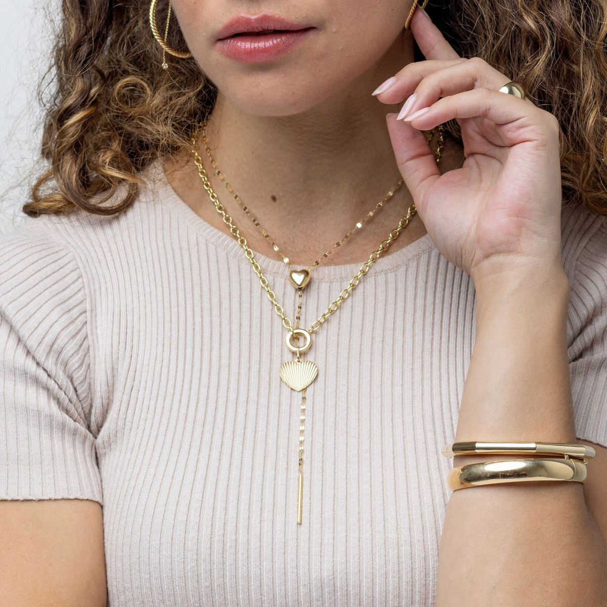 14k yellow gold heart mirror link lariat necklace