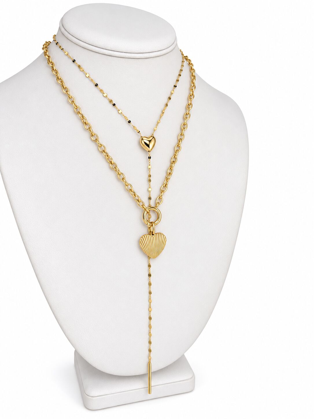 14K Yellow Gold Heart Mirror Link Lariat Necklace, Adjustable, 20”