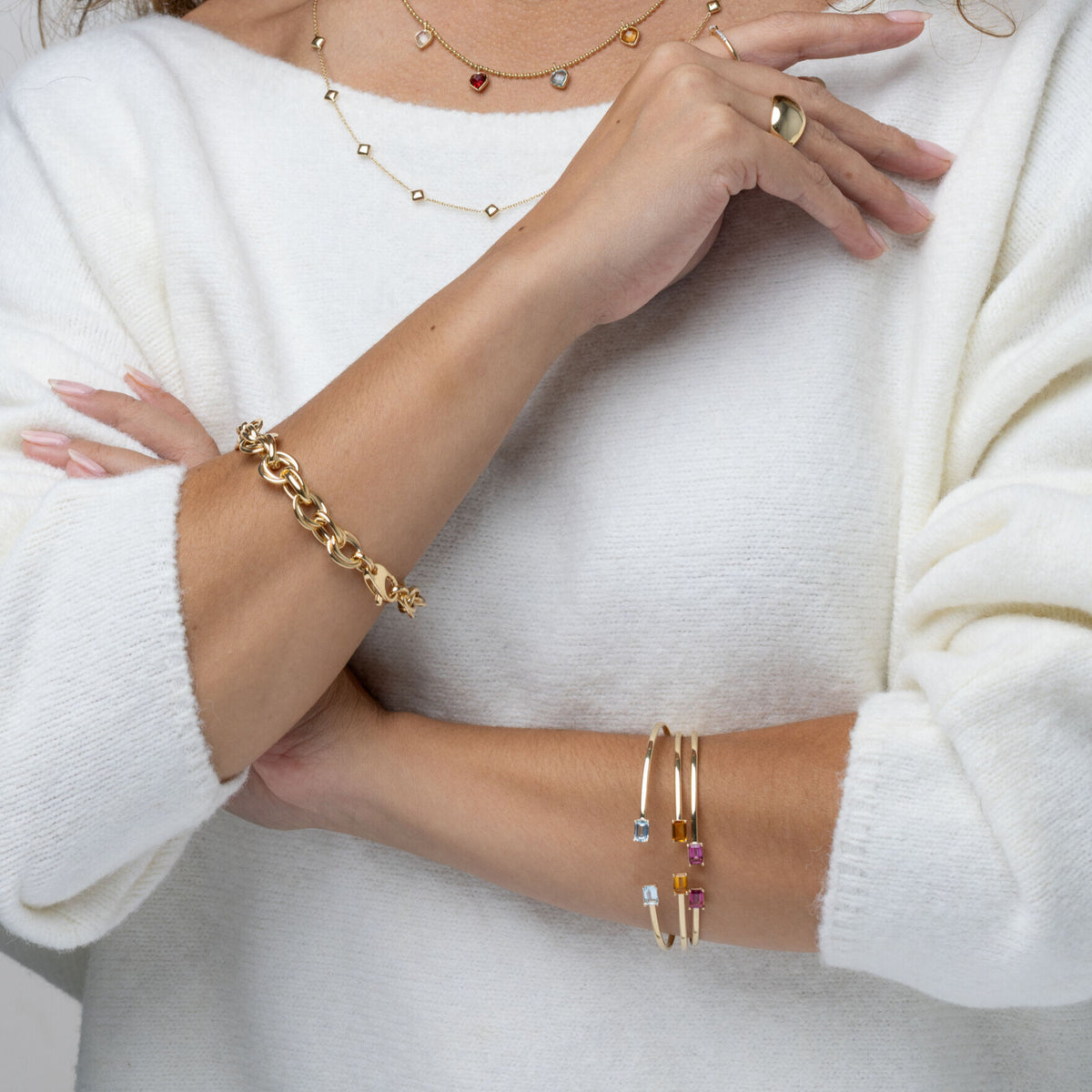 14K Yellow Gold Gemstone Open Cuff Bangle, Birthstone Bracelet