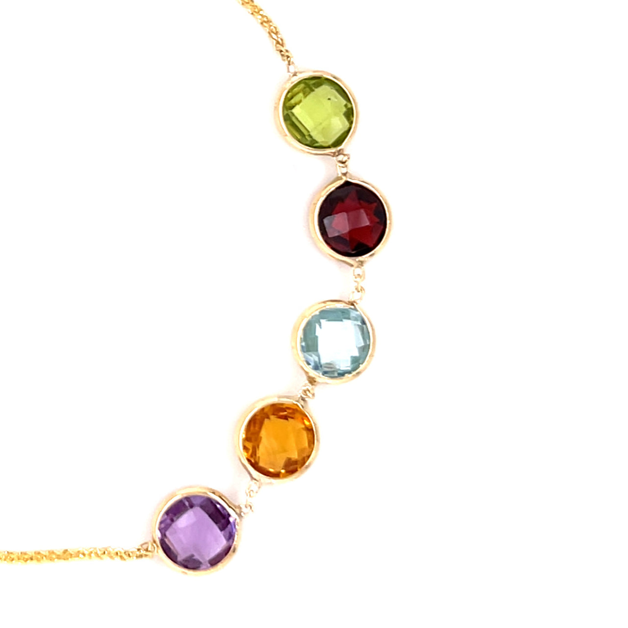 14K yellow gold friendship bracelet featuring natural Peridot, Garnet, Blue Topaz, Citrine, and Amethyst gemstones set in 6 mm round bezels. Designed with a dainty 1 mm chain and an adjustable slide clasp for comfort and durability, this versatile fine jewelry piece is perfect as a birthstone gift for birthdays, anniversaries, weddings, or milestone celebrations.