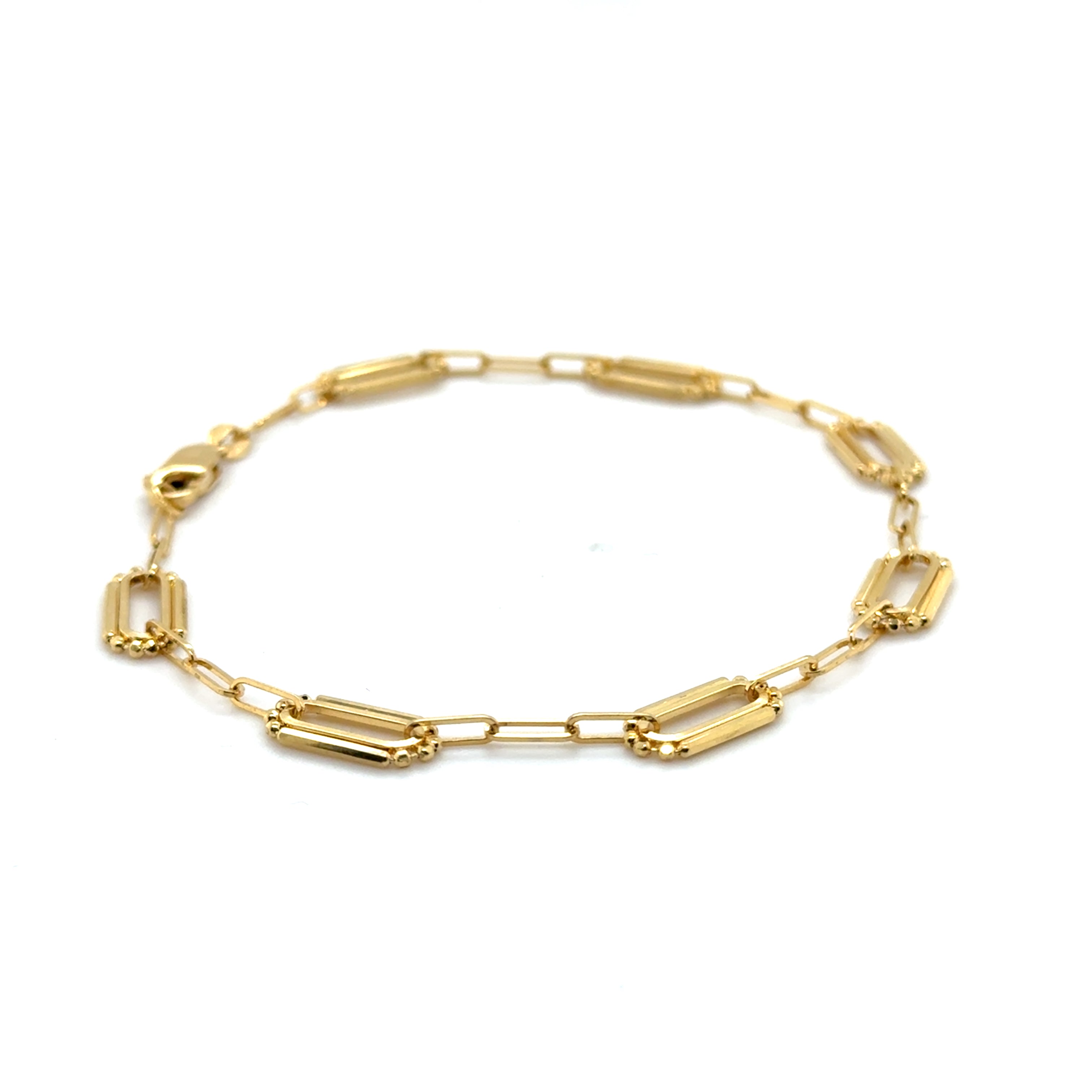 14K Solid Gold Paperclip Chain Bracelet – Mixed Width Links with Bead Accents