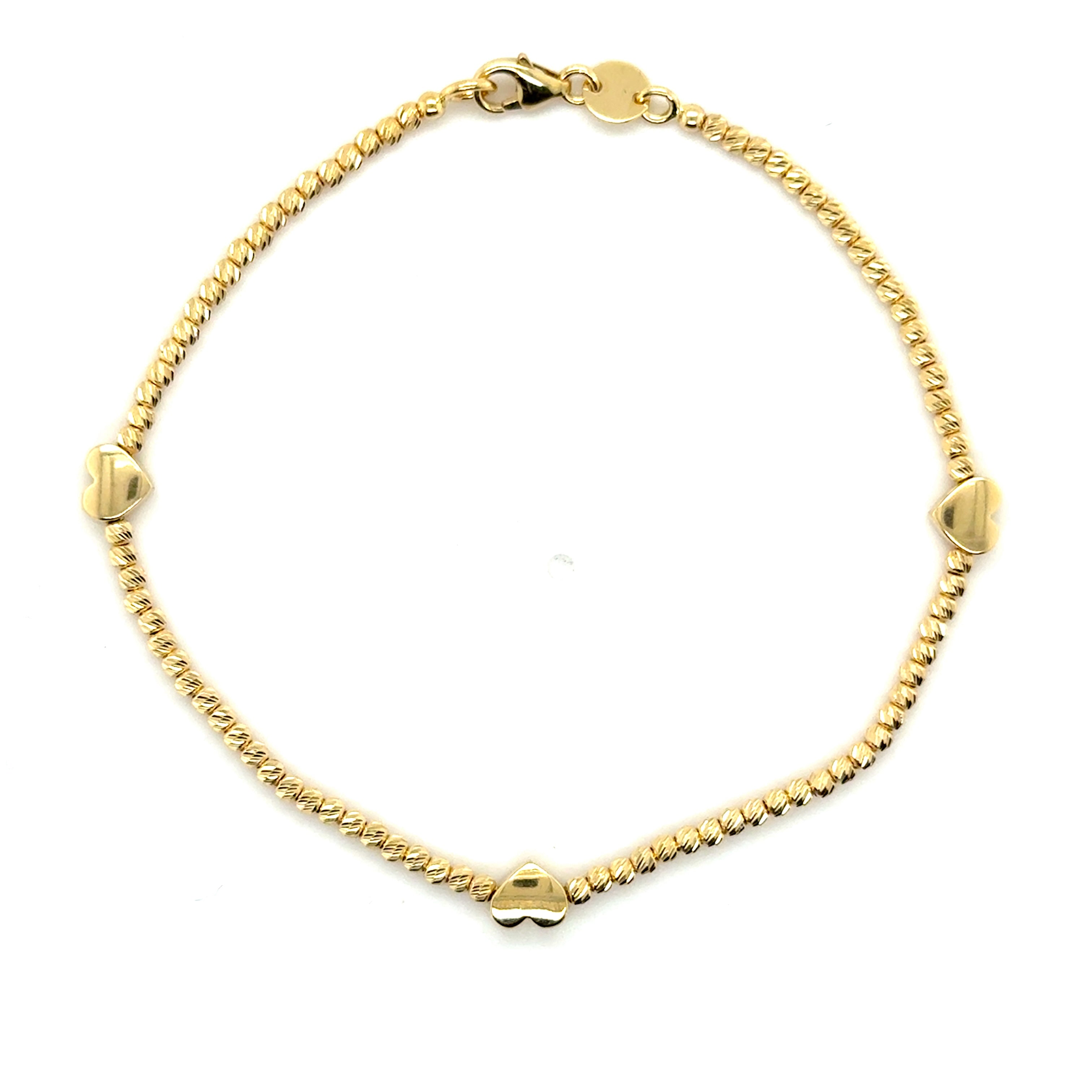 14K Solid Gold Puffed Heart Station Bead Bracelet – Diamond Cut, Elegant, Durable