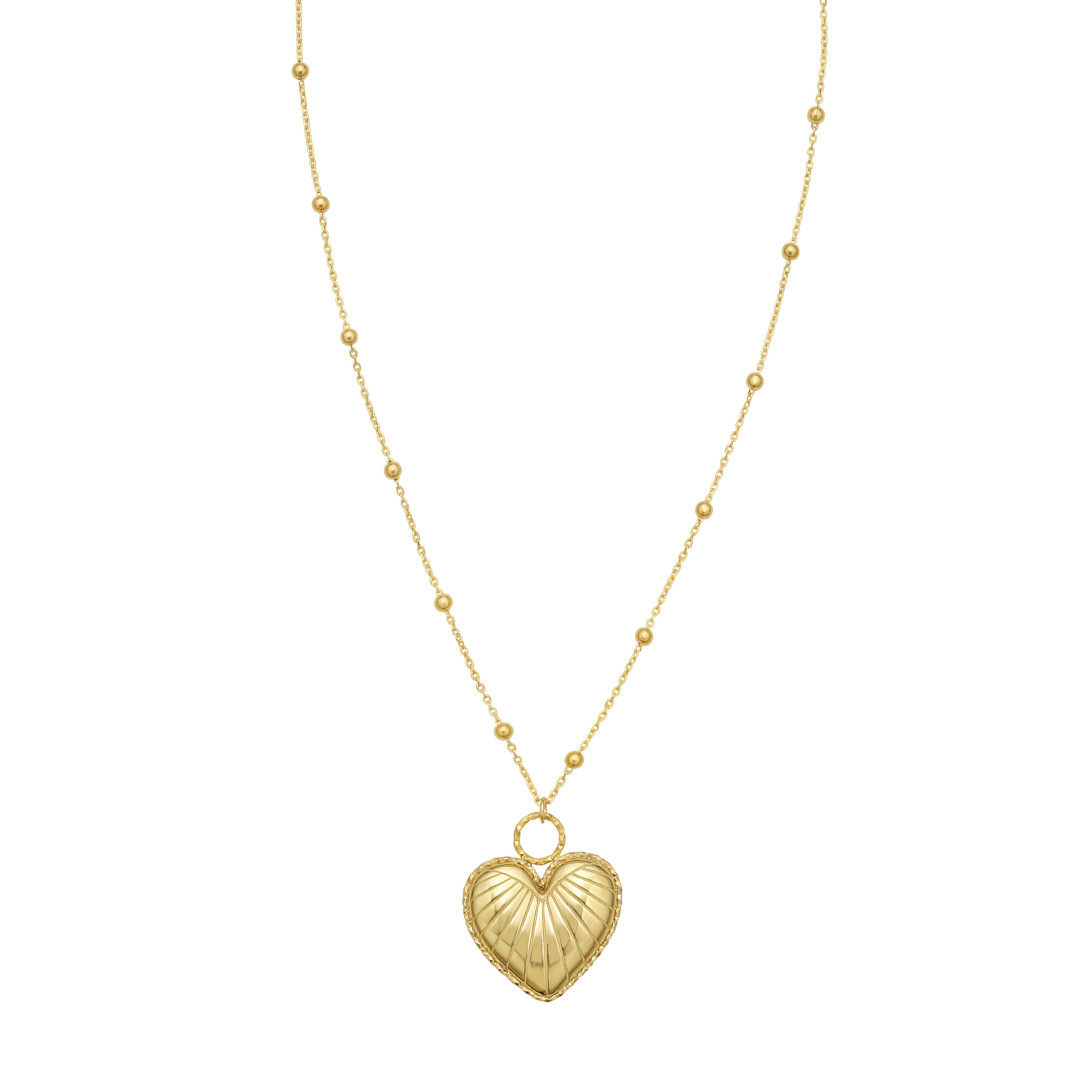 14K yellow gold puffed heart pendant on a bead-station chain necklace, designed for a timeless vintage look. Measures 18 inches with a jump ring at 16 inches for easy adjustment and is secured with a lobster clasp. Crafted from real gold — never plated — and resistant to tarnish and water.
