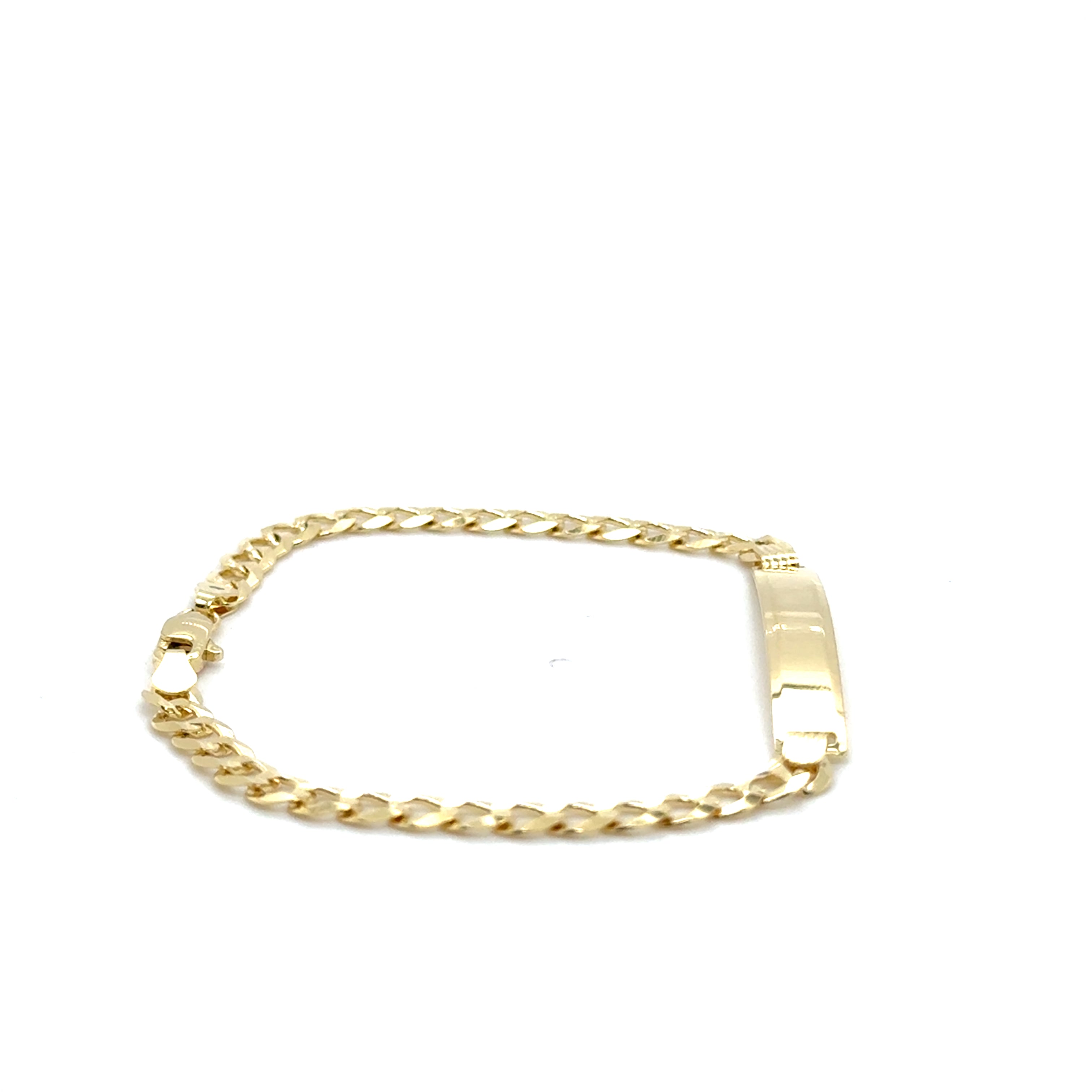14K solid gold ID bar curb link bracelet featuring a sleek engravable plate and bold chain links. Designed in 7- and 8-inch lengths, this durable and tarnish-resistant bracelet is water-safe and secured with a lobster claw clasp. A versatile fine jewelry piece that makes an elegant and personalized gift for men or women on birthdays, anniversaries, or milestone occasions.