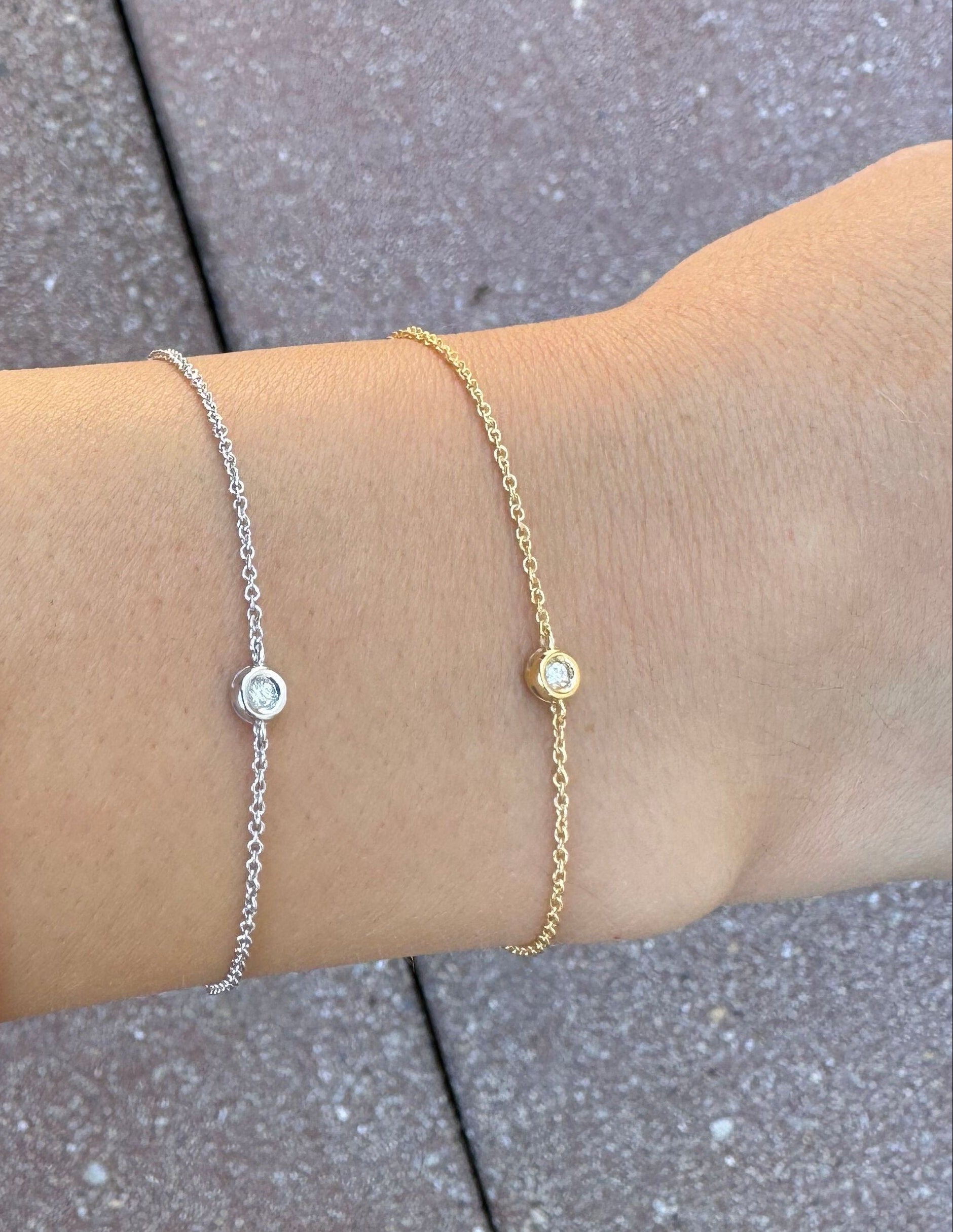 Diamond Bezel Bracelet styled on wrist with casual neutral outfit, adding a touch of timeless sparkle that enhances everyday elegance and confidence, perfect for workdays and casual meetings.